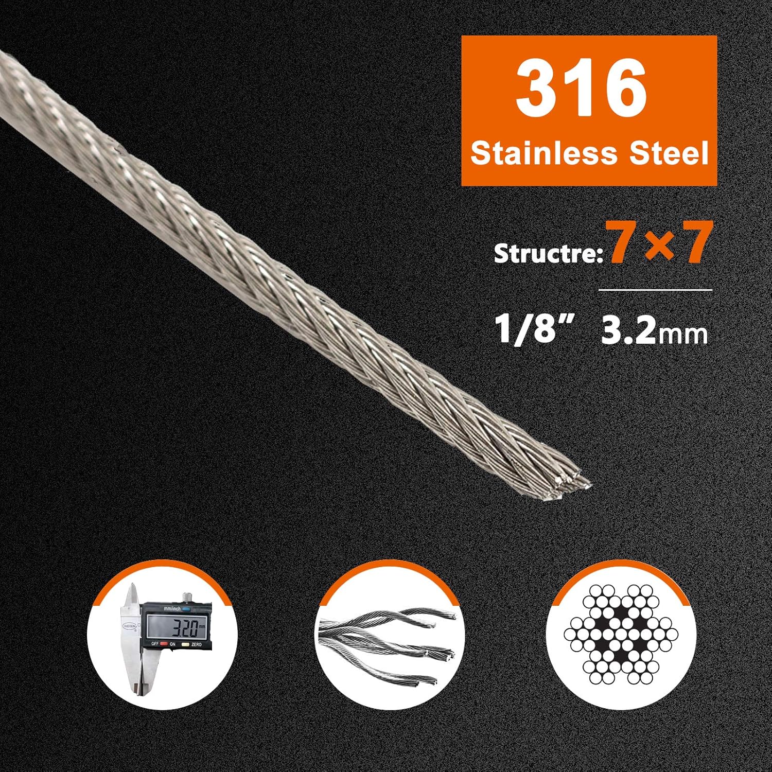 Fiberfly 1/8 T316 Stainless Steel Cable with Cutter 1000Ft, T316 Stainless Steel Rope with 20 Pcs Stainless Steel Protector Sleeve, Aircraft Cable for Deck Railing, 7 x 7 Strands Construction Pack of 2
