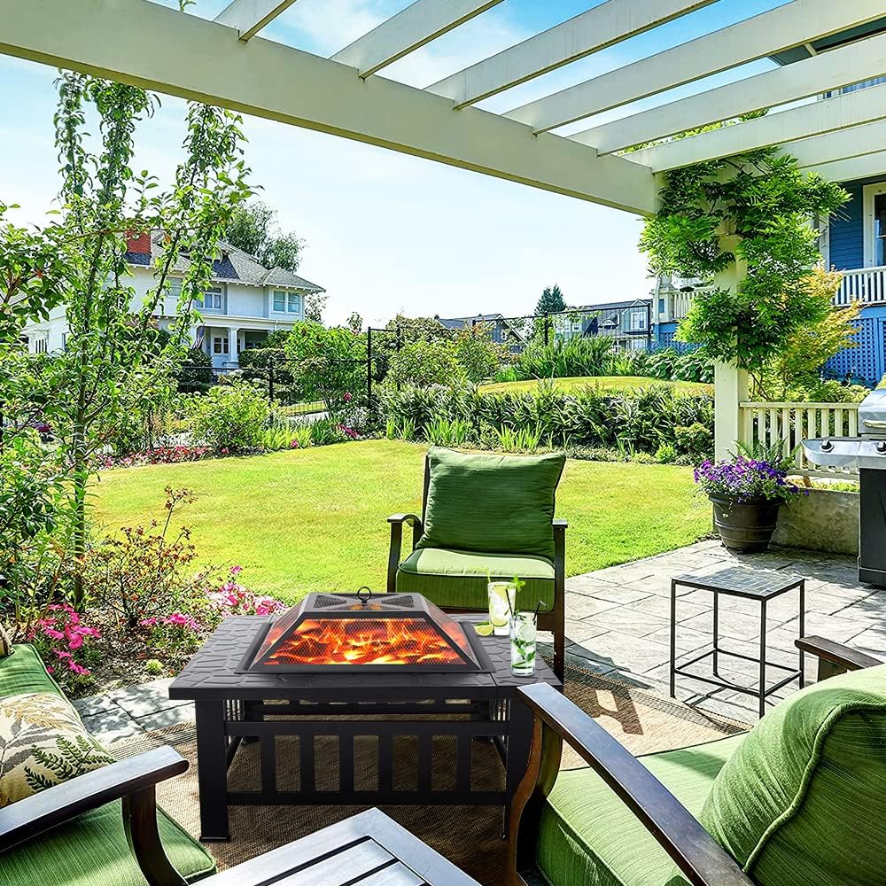 SEGMART Outdoor Wood Burning Fire Pit, Square Fire Pit Table with BBQ Grill, Mesh Spark Screen, Log Poker, rain cover and Grate, BBQ Grill, Outdoor Heaters Bonfire Cooler for Beach/Camping/Part/Picnic