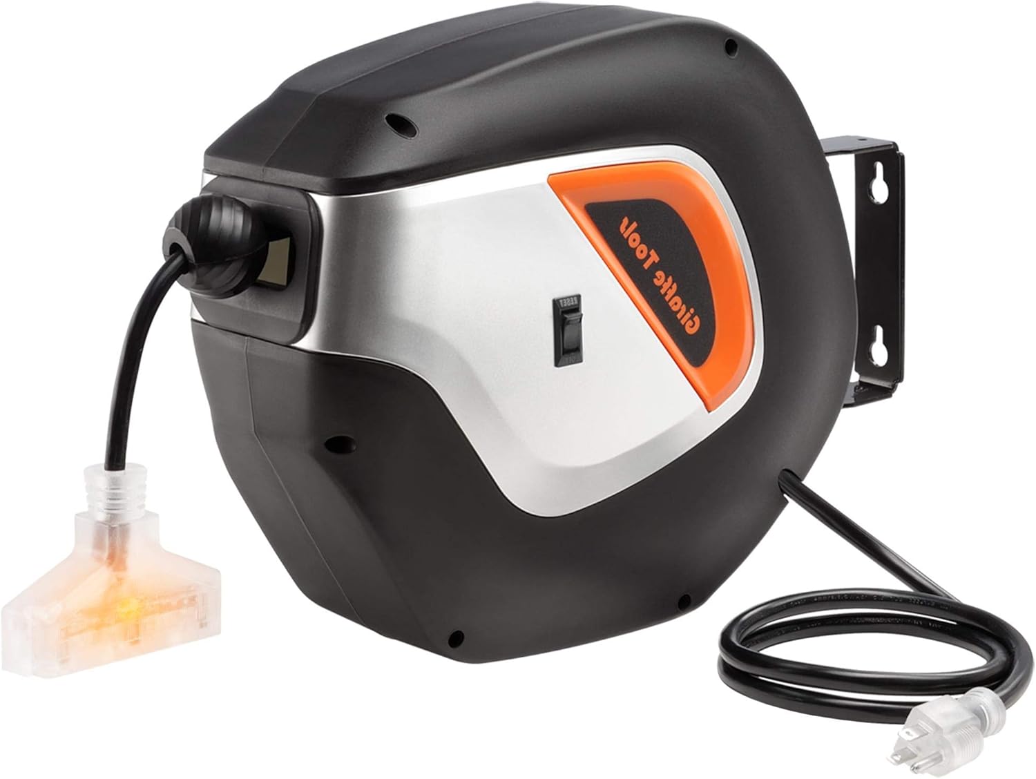 Giraffe Retractable Power Cord Reel, 50 FT 12AWG/3C SJT Heavy Duty Extension Cord Storage Reel Wall/Ceiling Mount for Garage with Lighted Triple Tap