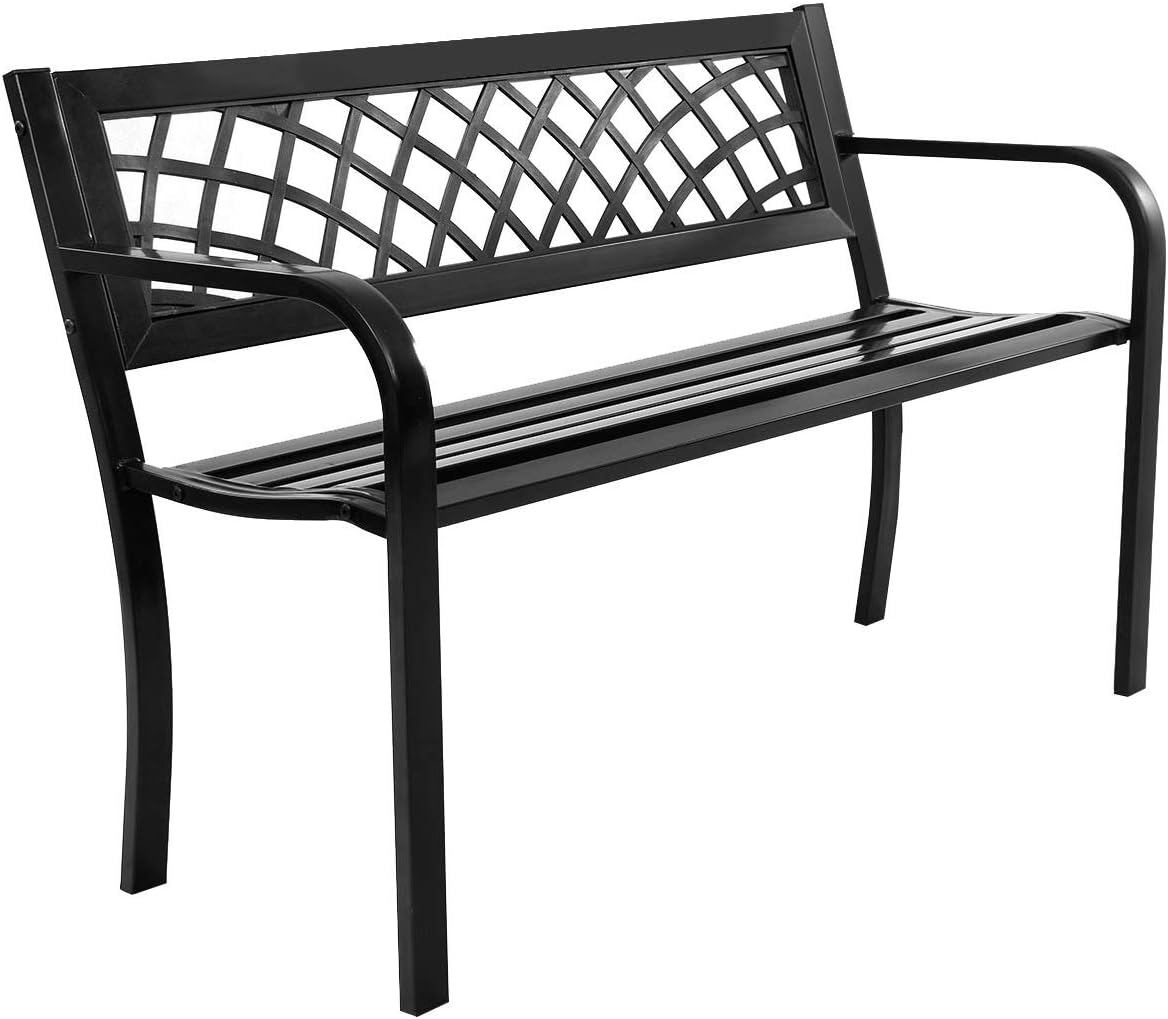 Giantex Patio Garden Bench Loveseats Park Yard Furniture Decor Cast Iron Frame Black (Black Steel W/PVC Mesh Pattern)