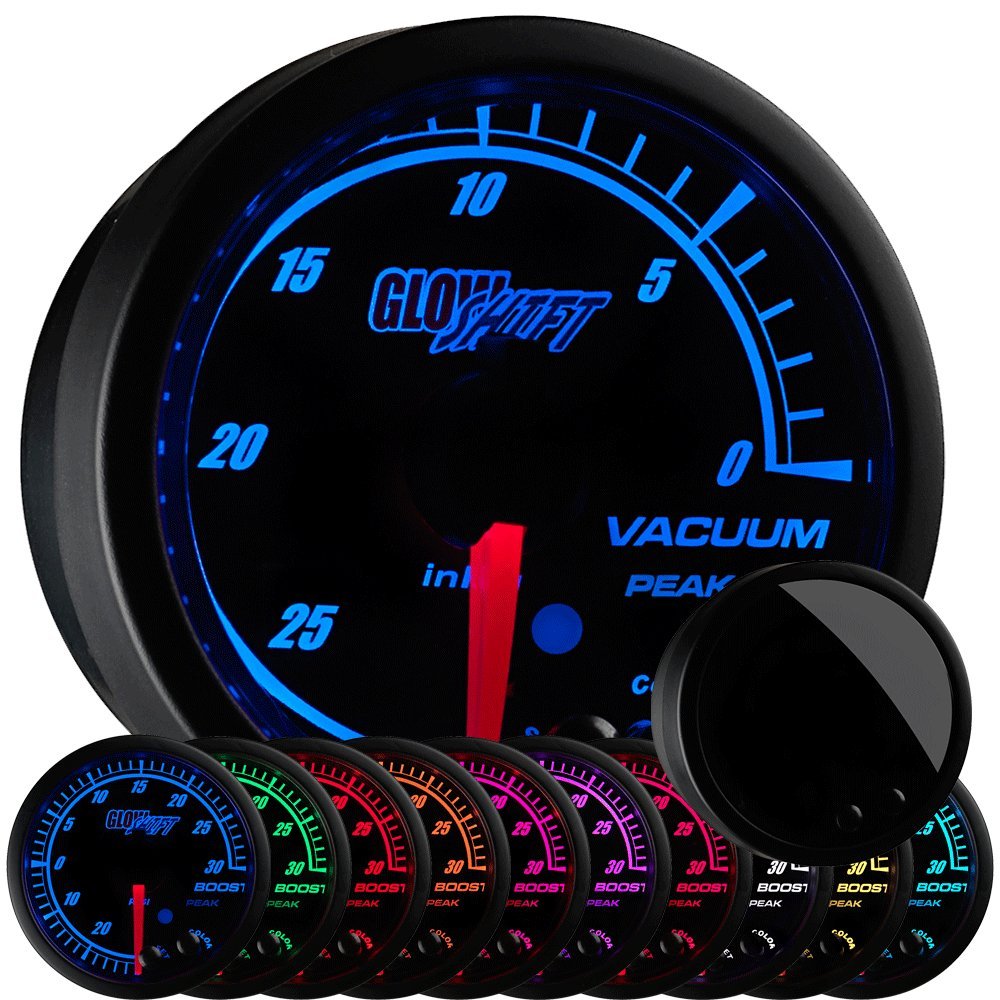 GlowShift Elite 10 Color Vacuum Gauge Kit - Includes Electronic Sensor & Hose Kit - Black Dial - Tinted Lens - Peak Recall Function - 2-1/16