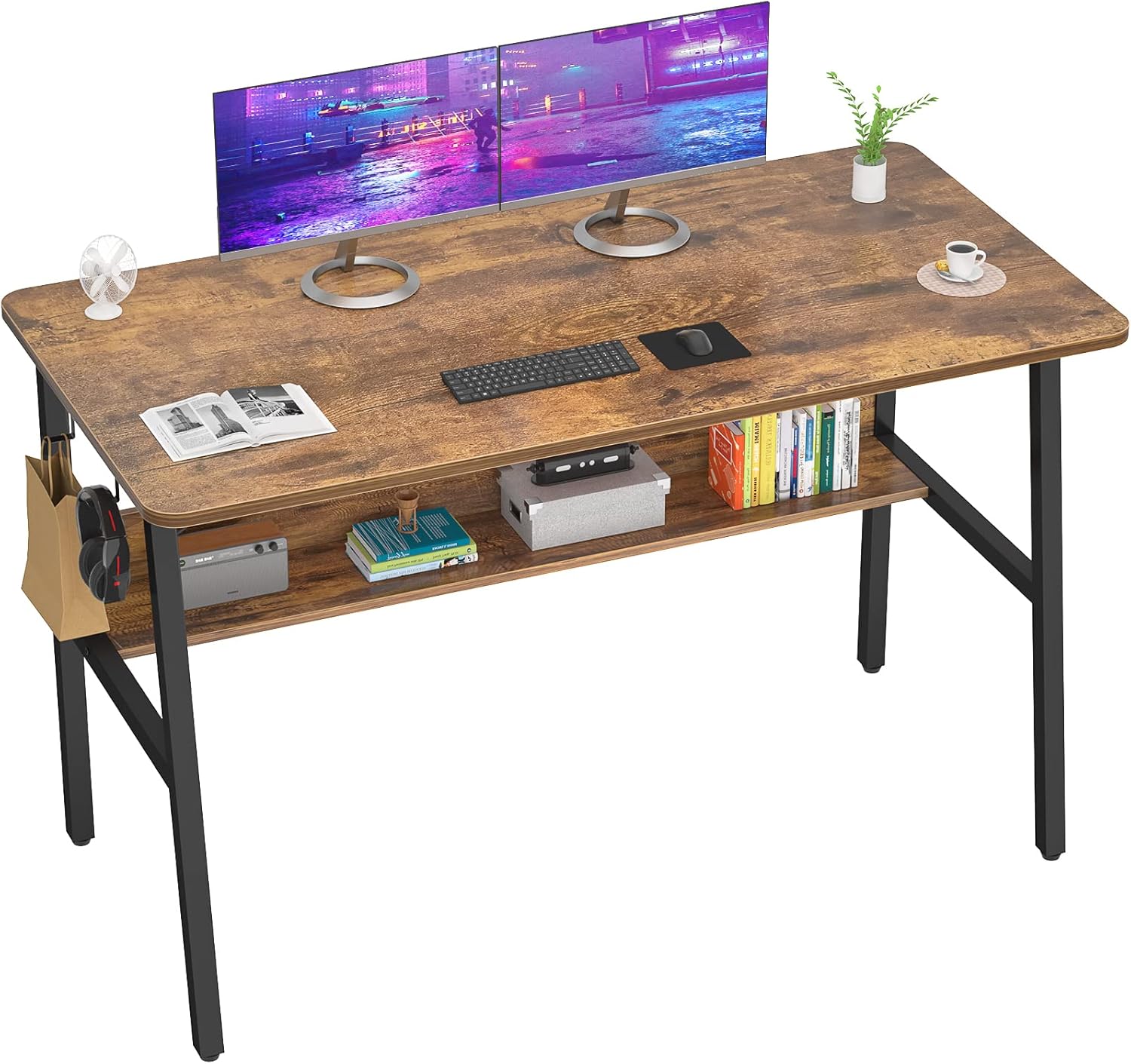Armocity Computer Desk with Drawer, 47 Inch Industrial Home Office Desk with Hook, Modern Simple Style Laptop PC Desk with Splice Board, Rustic and Black