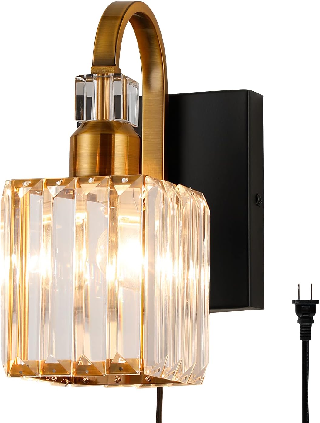 Crystal Wall Sconce ,Plug in Wall Sconces with On/Off Switch,K9 Crystal Bathroom Vanity Wall Light Fixtures,Black and Gold Indoor Wall Sconces for Living Room Hallway Doorway