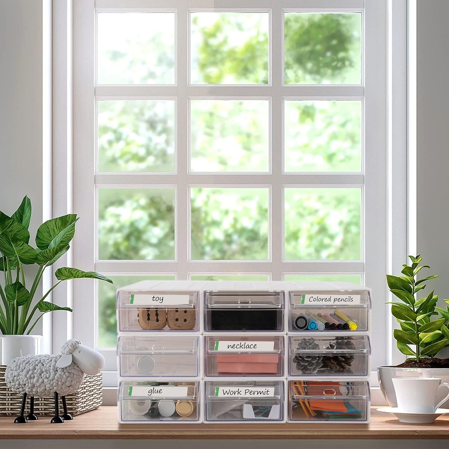 9 Pack Plastic Stacking Storage-in-Drawer Cabinet- Desktop& Wall Mounted 9 Drawer Storage Closet with 18pcs Clear Dividers Multifunctional Organizer Rack with 9pcs Tag Card for Home Office Small Items