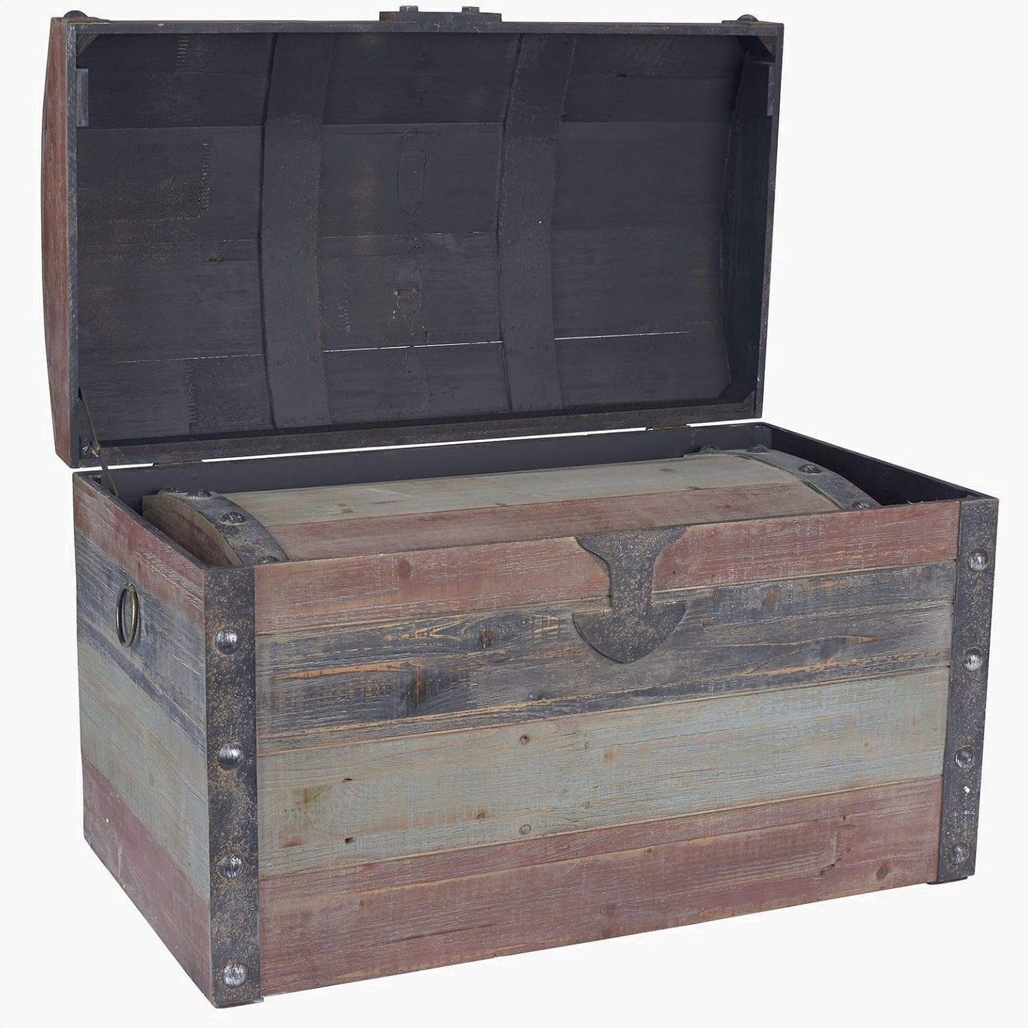 Deven 2 Piece Wooden Storage Trunk Set, Artful Weathered Finish with Muted Color and Metal Accents on lid and Corners, Overall Product Weight: 26.7 lb.