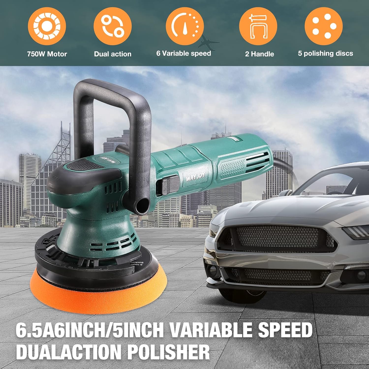 Polisher, Wayjoy 6 Inch/5 Inch Dual Action Random Orbital Car Buffer Polisher with D-Handle & Side Handle, 6-Level Variable Speed, 6 Foam pad for Car Polishing and Waxing