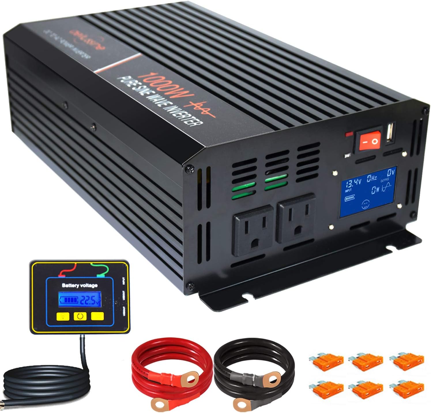 aeliussine 1000 watt Pure Sine Wave Inverter 24v dc to ac 120v with LCD Display with Remote Switch Power Inverter for Car Off Grid Solar Power System (1000W24V LCD)