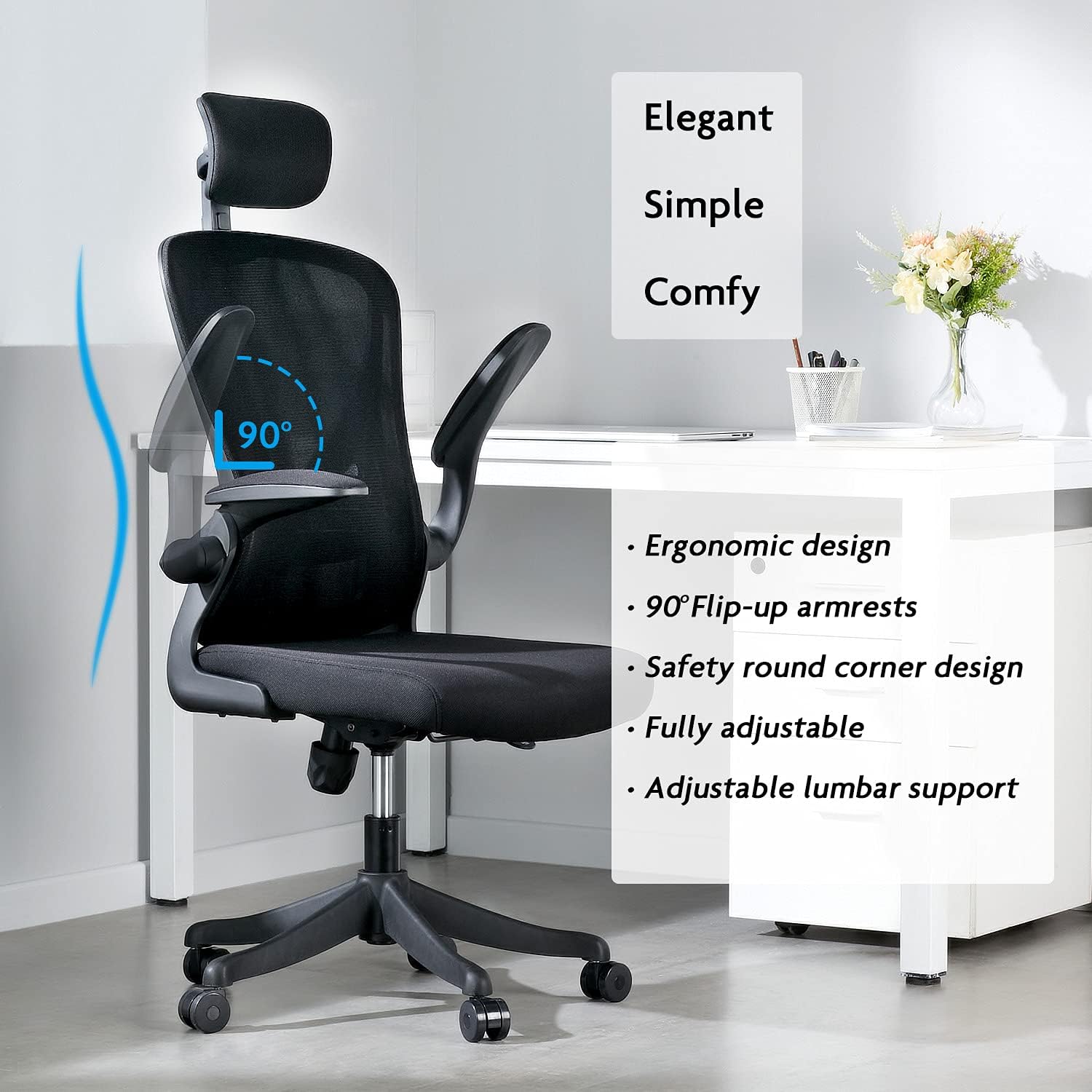 OMUSA-PDI Ergonomic Office Chair, Mesh Computer Chair with Lumbar Support, Rolling Desk Chair with Adjustable Armrest, High Back Home Office Chair