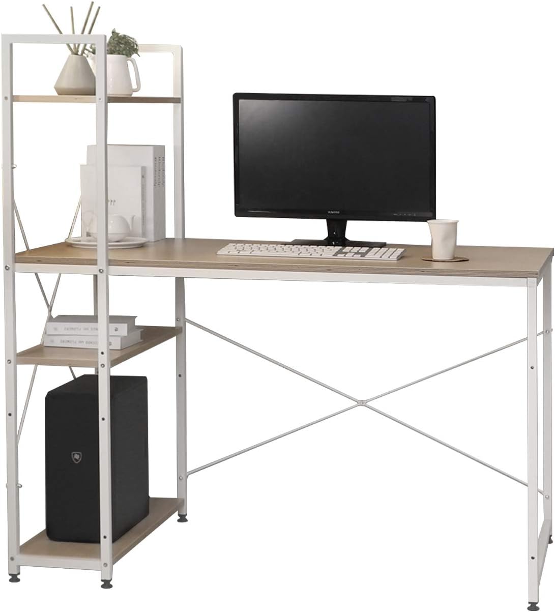 SOFSYS Alpha Series 55.1&rdquo; Computer Desk with Bookshelf Storage, All-in-One Workstation with Long Table Working Surface, Multi-Tiered Shelving for Home Office or Gaming, Oak/Black