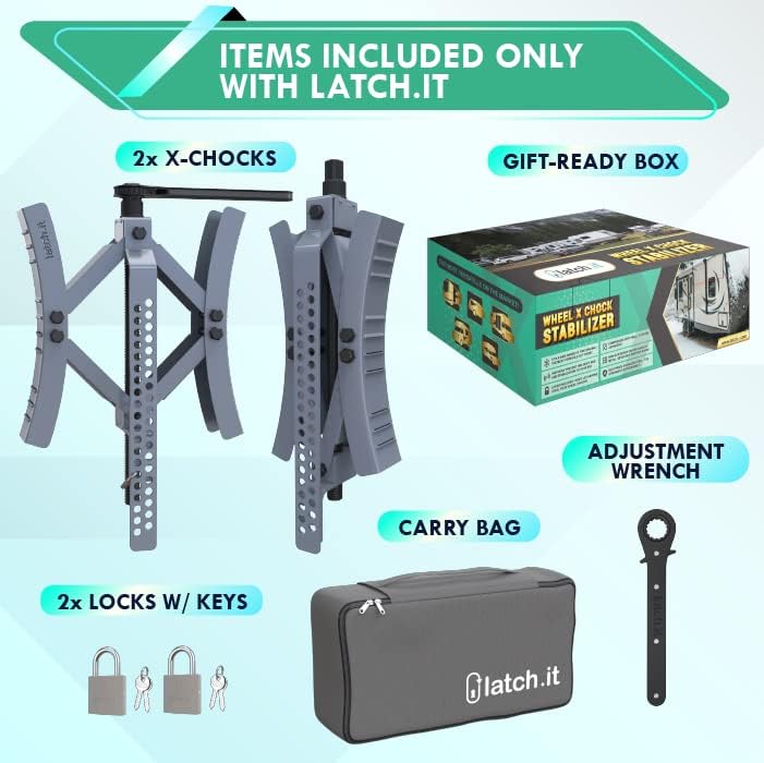 LATCH.IT RV Wheel Chocks 2-Pack | X Chocks Wheel Stabilizer for Travel Trailers | Rust-Proof Coated Camper Wheel Chock | Best RV Wheel Locks - Park on Uneven Surfaces with Maximum Stability! Pack of 2