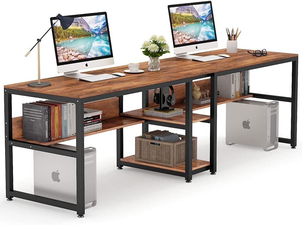 Tribesigns Two Person Desk with Bookshelf, 78.7 Computer Office Double Desk for Two Person, Rustic Writing Desk Workstation with Shelf for Home Office (Black)