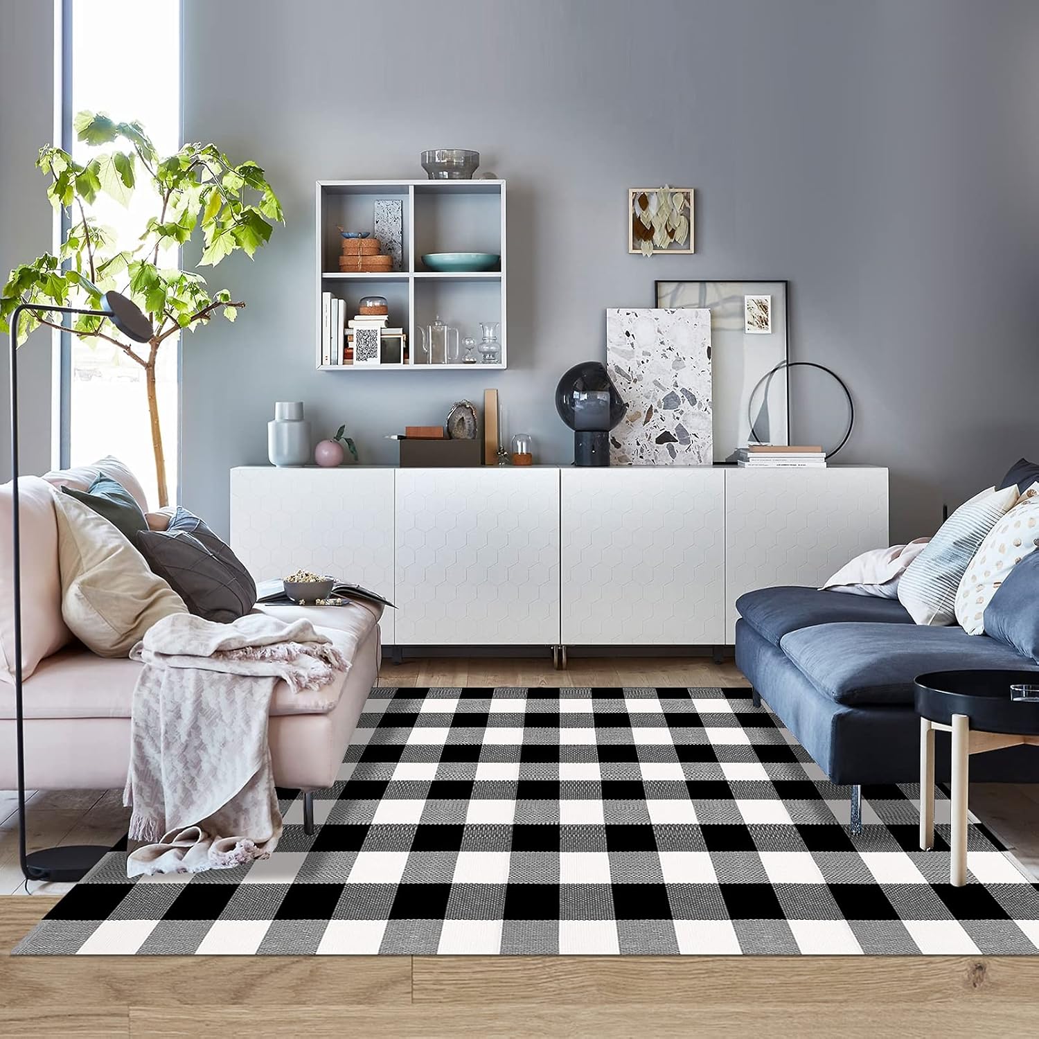 Cotton Buffalo Plaid Rug 8'x10' Hand-Woven Washable Retro Lattice Checkered Outdoor Rug Black and White Area Rug for Living Room, Kitchen, Dining Room, Bedroom (Grey & White, 8x10)