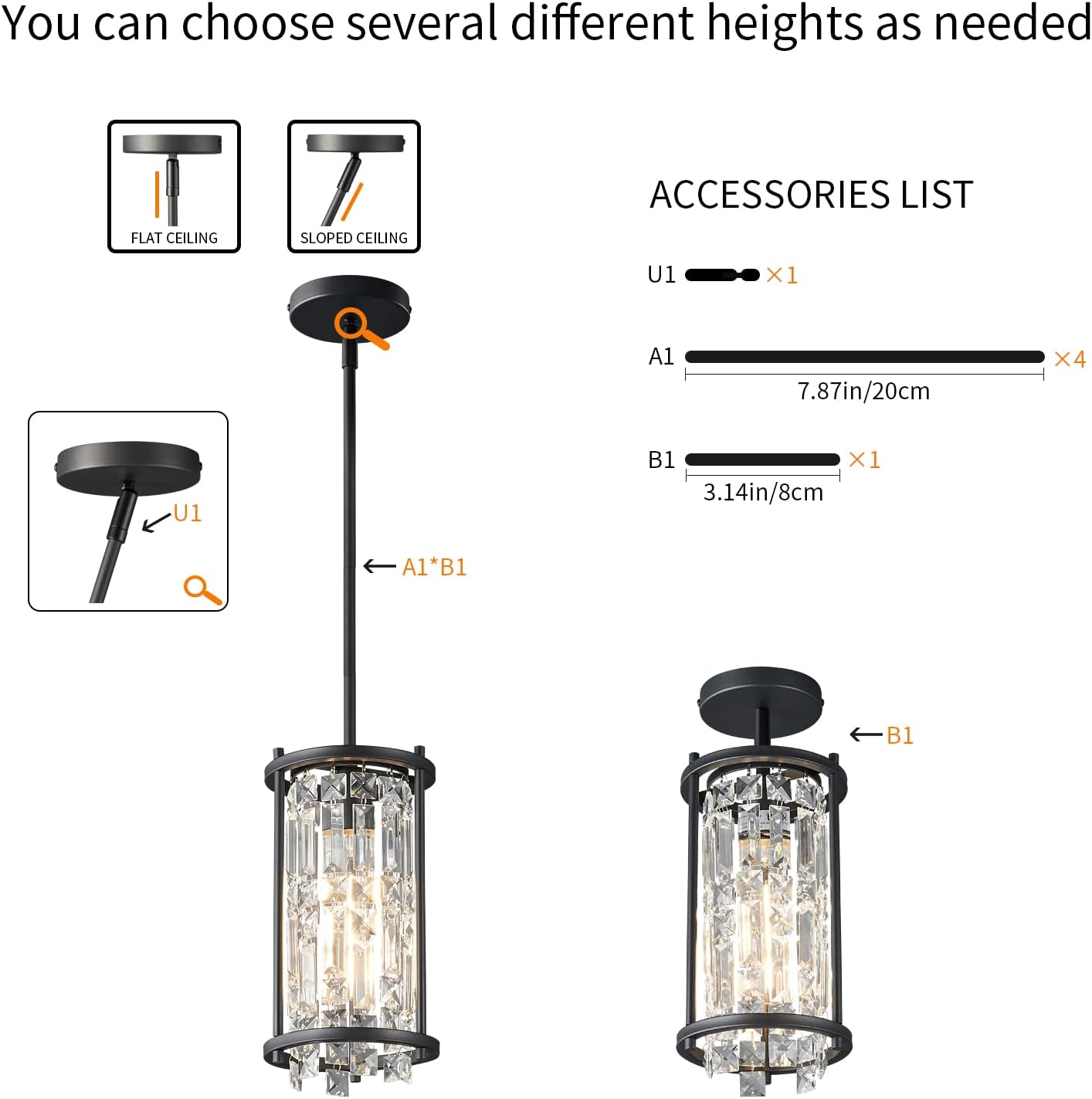 LMQNINE Dining Room Light Fixture Semi Flush Mount Ceiling Light Fixture,Lndustrial Farmhouse Chandelier Black Metal Crystal Pendant Light for Hallway Entryway Balcony Kitchen Island (Round 1-Light)