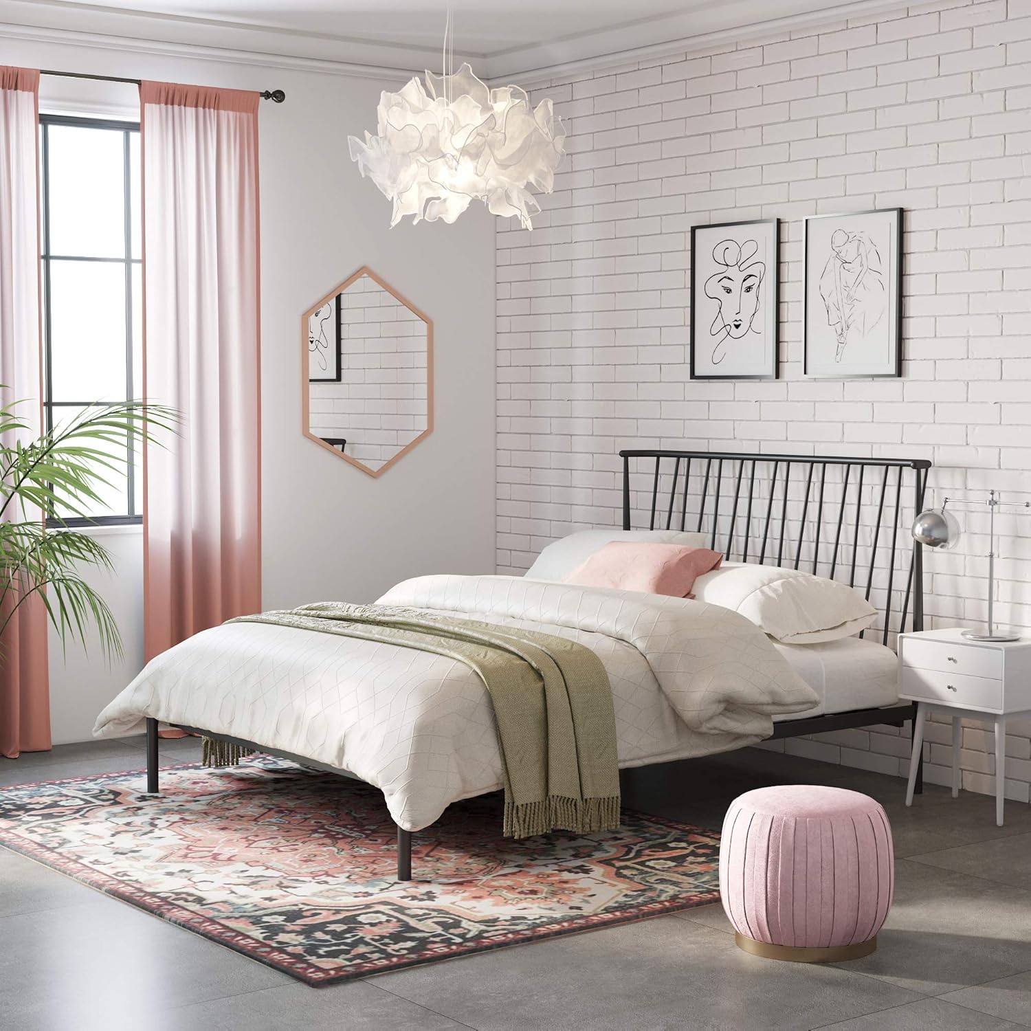 Adore Decor Stella Platform Bed Frame with Curved Metal Headboard Wood Slats Support No Spring Box Needed, Queen, Black