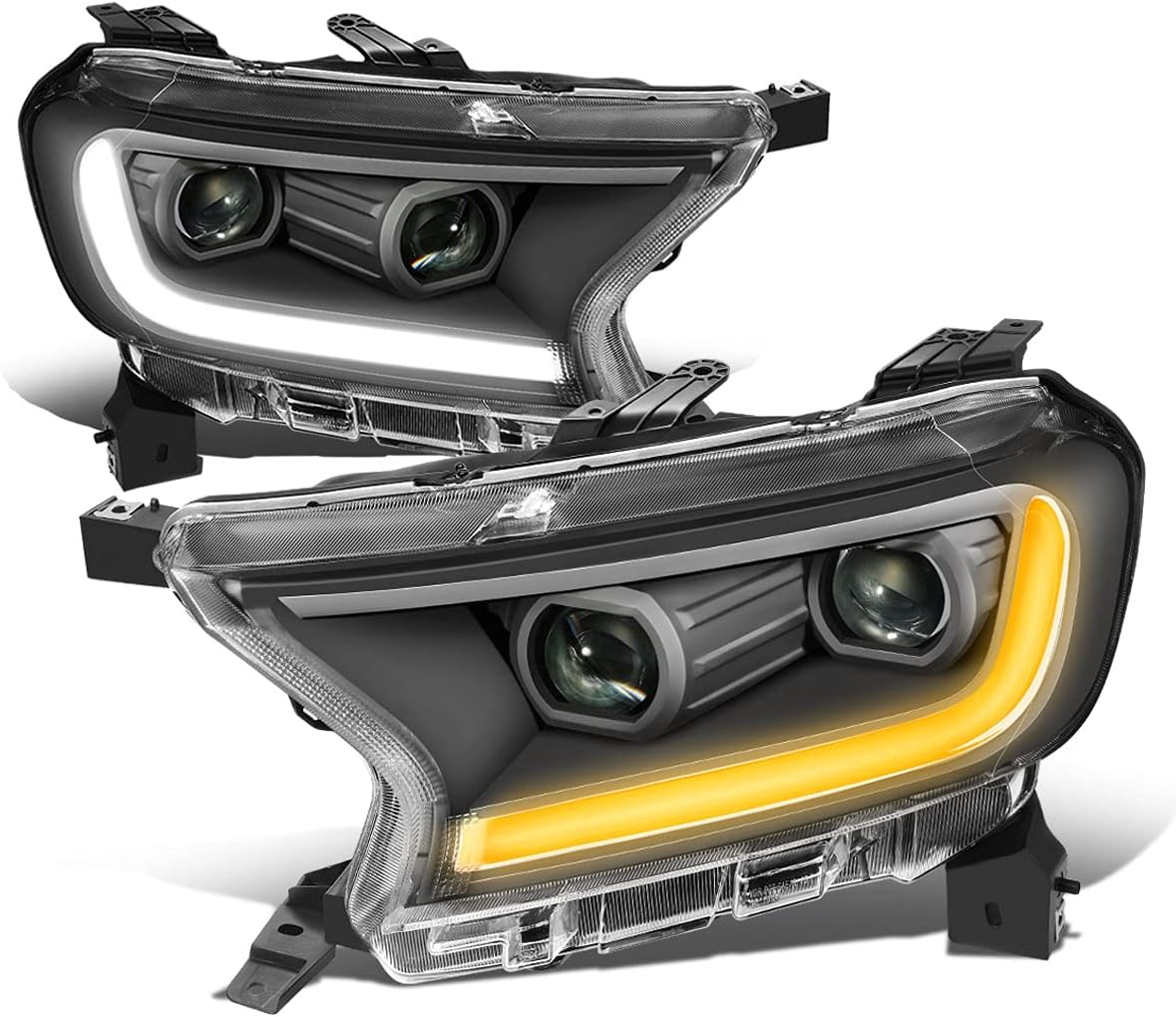 [Halogen Model] 3-Stage Startup Sequential Switchback LED Turn Signal DRL Dual Projector Headlights Compatible with Ford Ranger XL XLT 19-21, Driver and Passenger Side, Black Housing