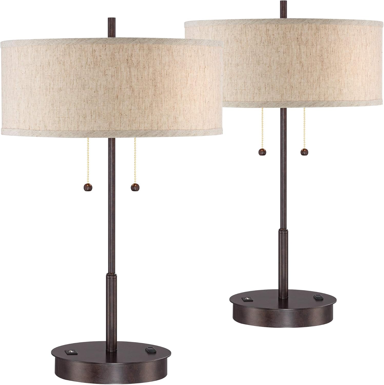 Nikola Modern Accent Table Lamps Set of 2 with Hotel Style USB and AC Power Outlet in Base Bronze Slim Fabric Drum Shade for Living Room Bedroom House Bedside Nightstand Home - 360 Lighting