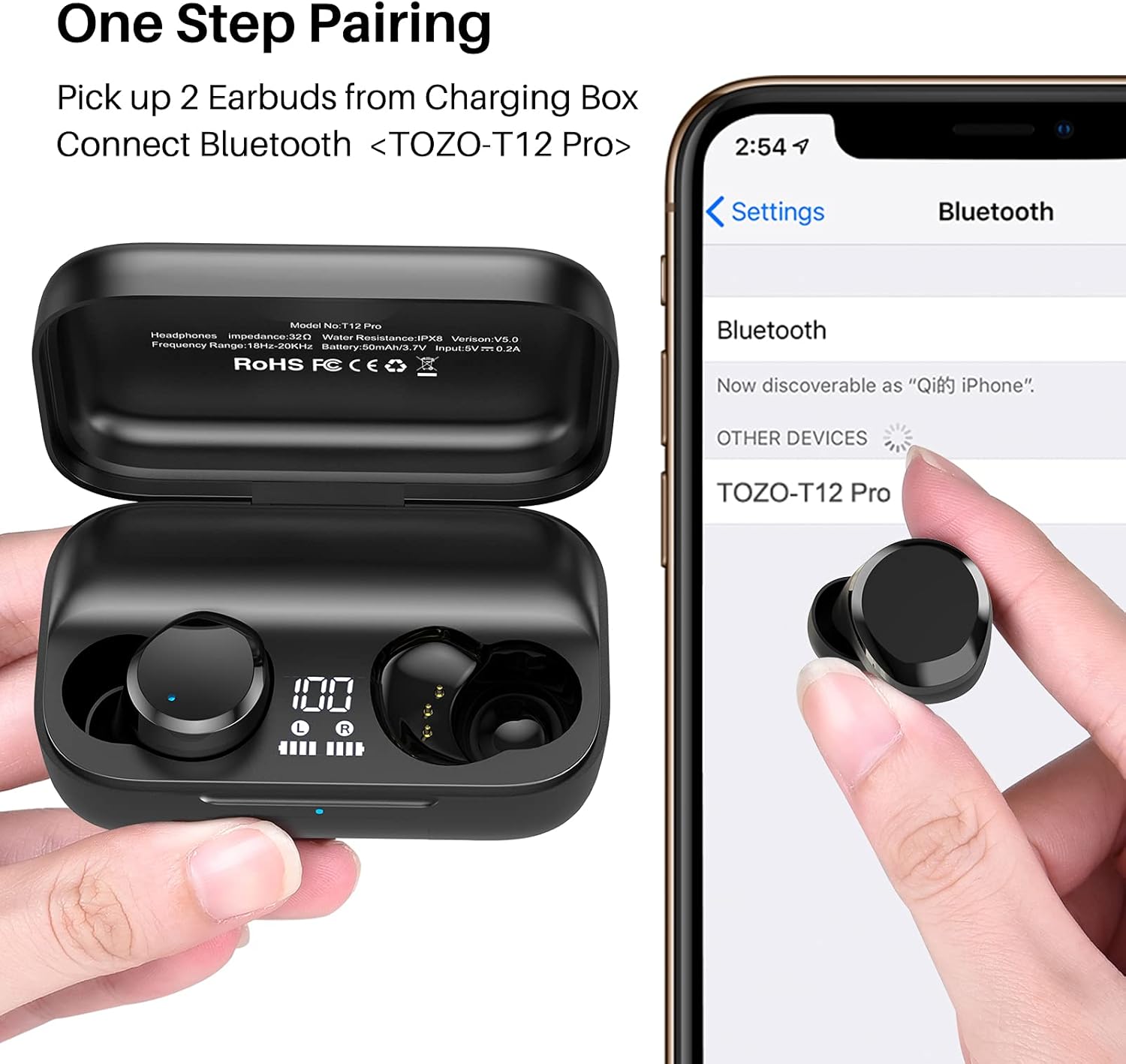 TOZO T12 Pro Wireless Earbuds Bluetooth Headphones with Qualcomm QCC3040 4 Mics CVC 8.0 Call Noise Cancelling and aptX Stereo Headset 2500mAh Wireless Charging Case IPX8 Waterproof Earphones Black Pack of 2