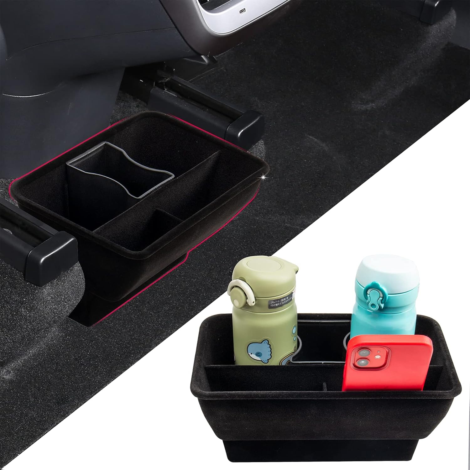 Carwiner Rear Under Seat Storage Box Compatible with Tesla Model Y Interior Accessories 2nd Row Center Console Organizer Box Flocking Material 2020-2022 Pack of 2
