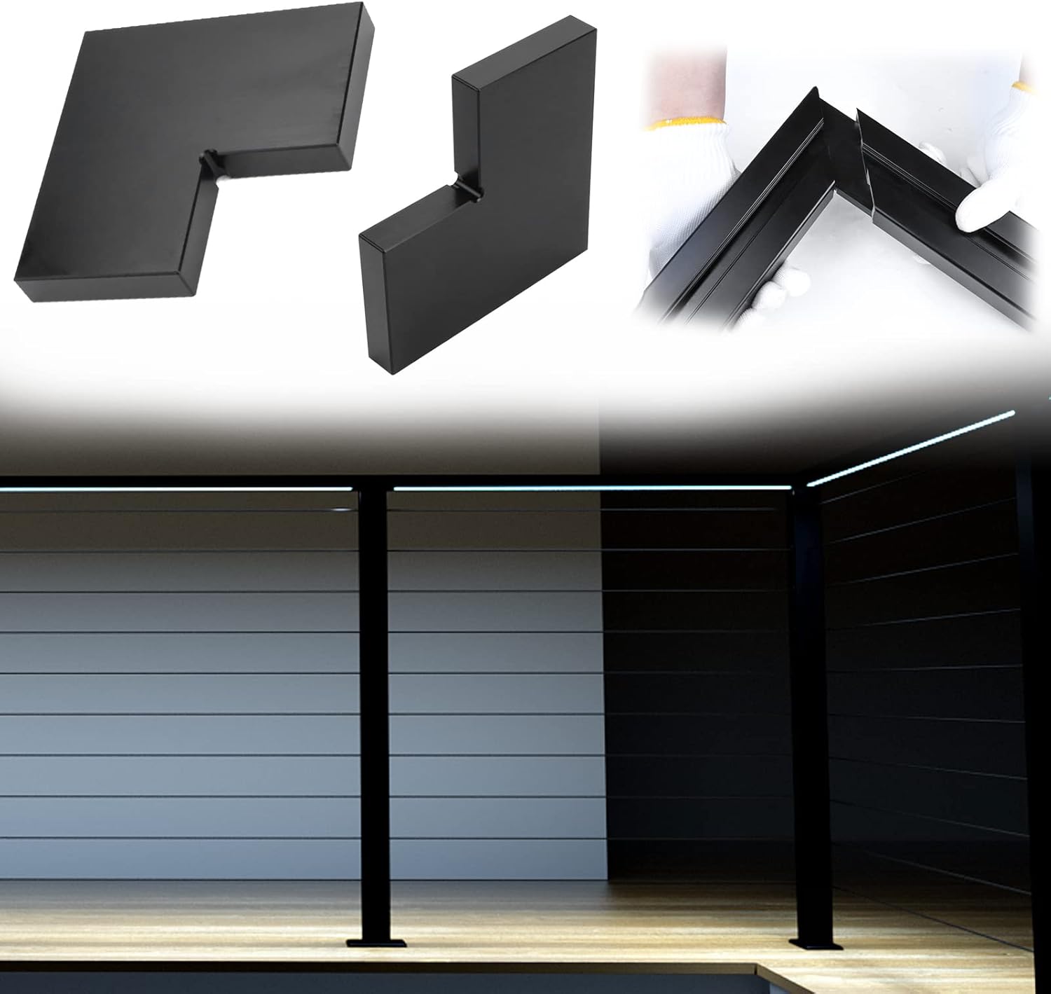 Muzata 2Pack Handrail Corner Connector for Rectangle Lighted Handrail Muzata HT11 Nightscape Weldless High Strength POM Black Internal Spline Deck Cable Railing HA21 BNP, HC1 HR0