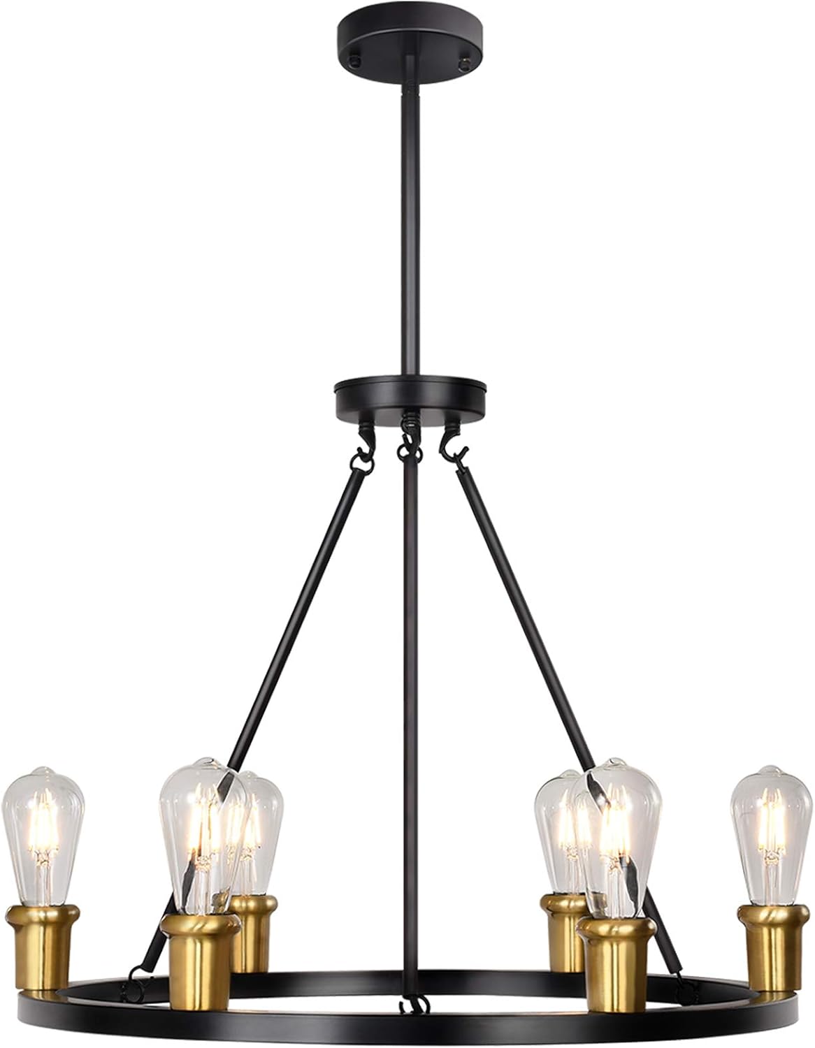 Merbotin 6-Light Farmhouse Wagon Wheel Chandeliers, Black and Brass Industrial Round Chandelier Rustic Ceiling Island Light for Dining Table, Living Room, Bedroom,Hallway, 26