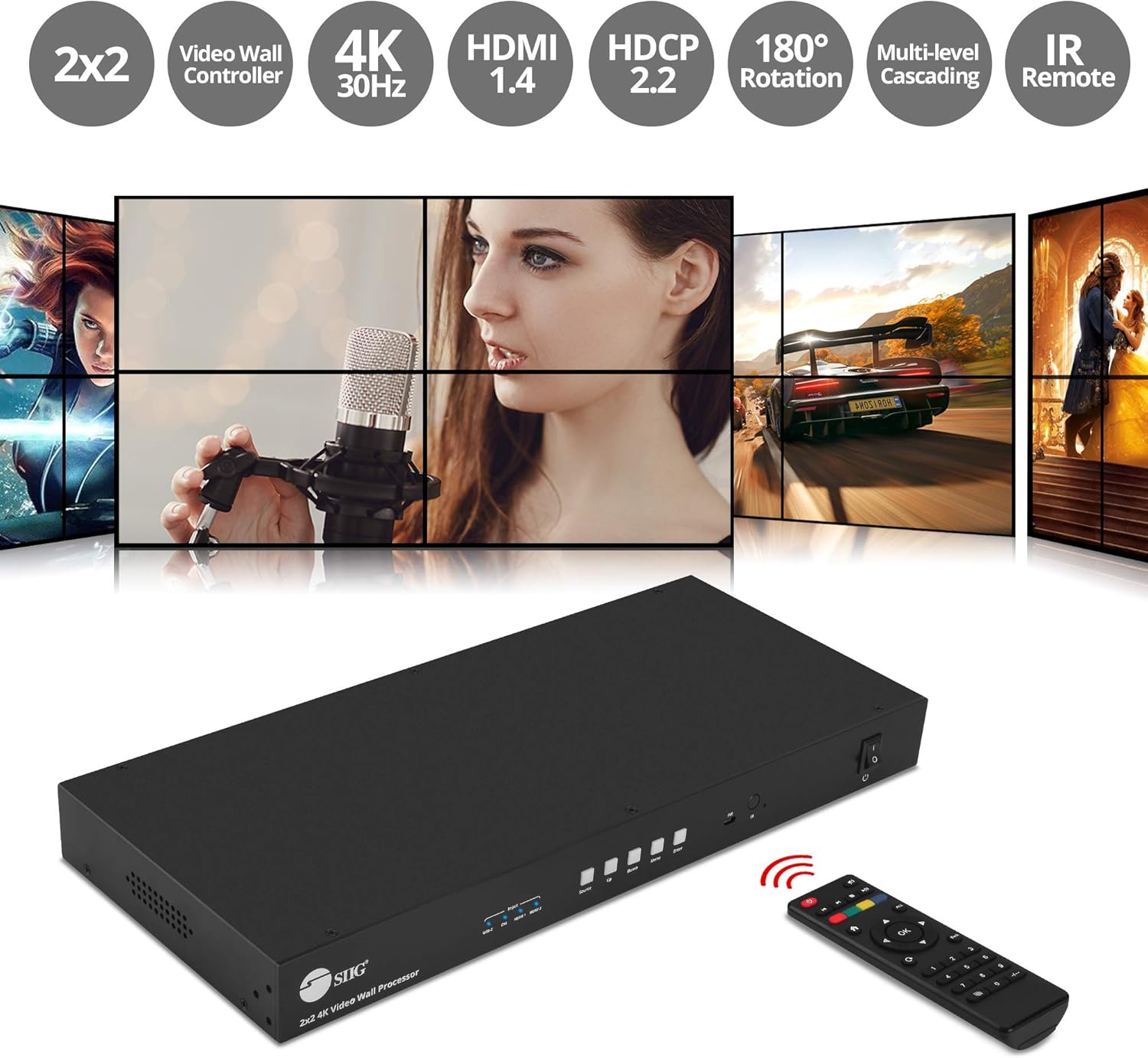 SIIG 2x2 4K HDMI Video Wall Controller, USB-C/DVI/HDMI Input, RS232/Web/IR Control, Audio Extract to Coaxial/3.5mm, Metal Housing, ESD Protection, 1x2, 1x3, 1x4, Cascading 10x10 max (CE-H26E11-S1)