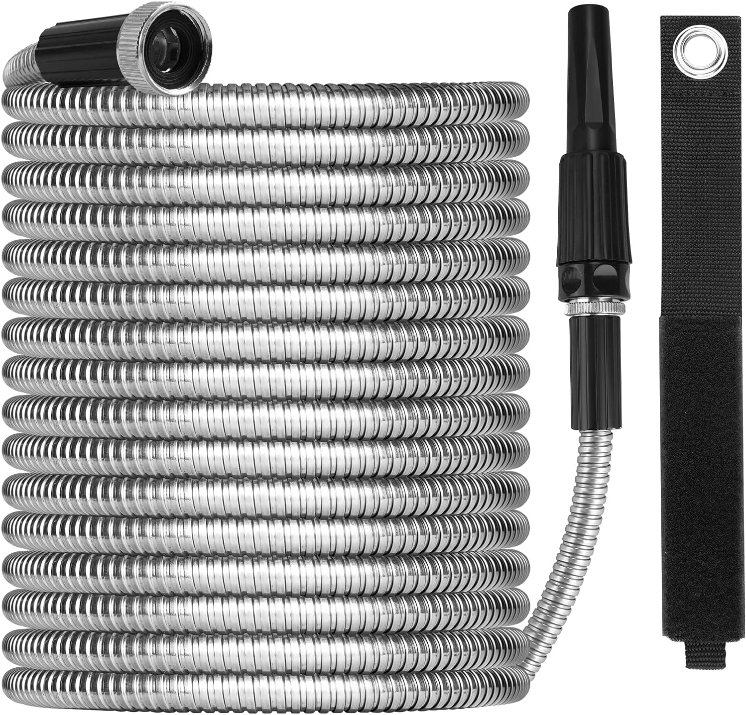 Metal Garden Hose 100ft with Super Tough and Soft Water Hose, Household Stainless Steel Hose, Durable Metal Garden Hose with Adjustable Nozzle, No Kinks and Tangles, Easy to Store with Storage Strap Pack of 2