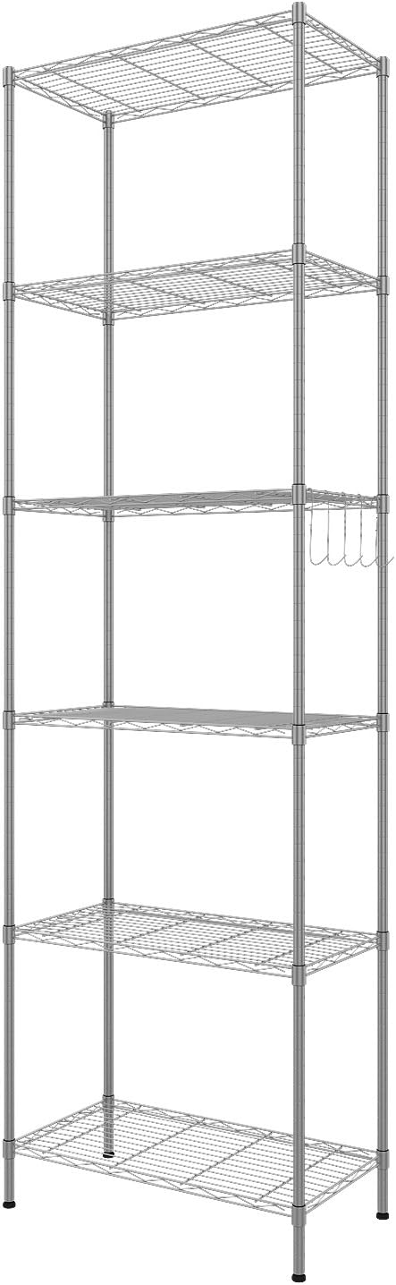 Homdox 6-Tier Storage Shelf Wire Shelving Unit Free Standing Rack Organization with Adjustable Leveling Feet, Stainless Side Hooks, Silver