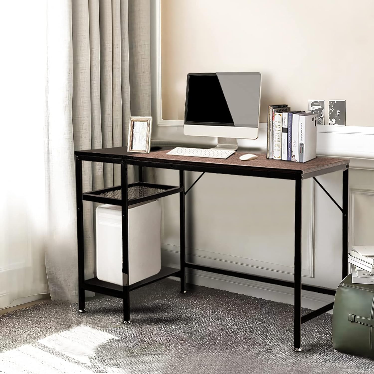 Home Office Computer Desk, 47 Inch Study Writing Desk with Storage Shelf, Modern Industrial Laptop Table with Spliced Boards, Premium Steel Sturdy Structure, for Study Work Game Play, Black&Walnut