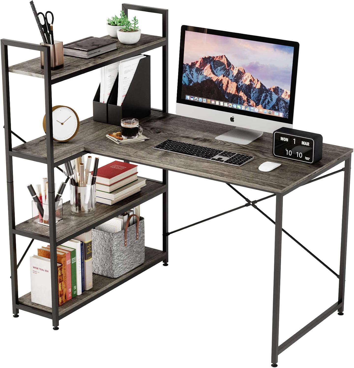 Nost & Host L-Shaped Corner Desk with Storage Shelves, 46 Inch Small L-Shaped Desk with 4-Tier Reversible Bookshelf for Compact Space, Home Office Modern Style Computer Desk Writing Table, Oak