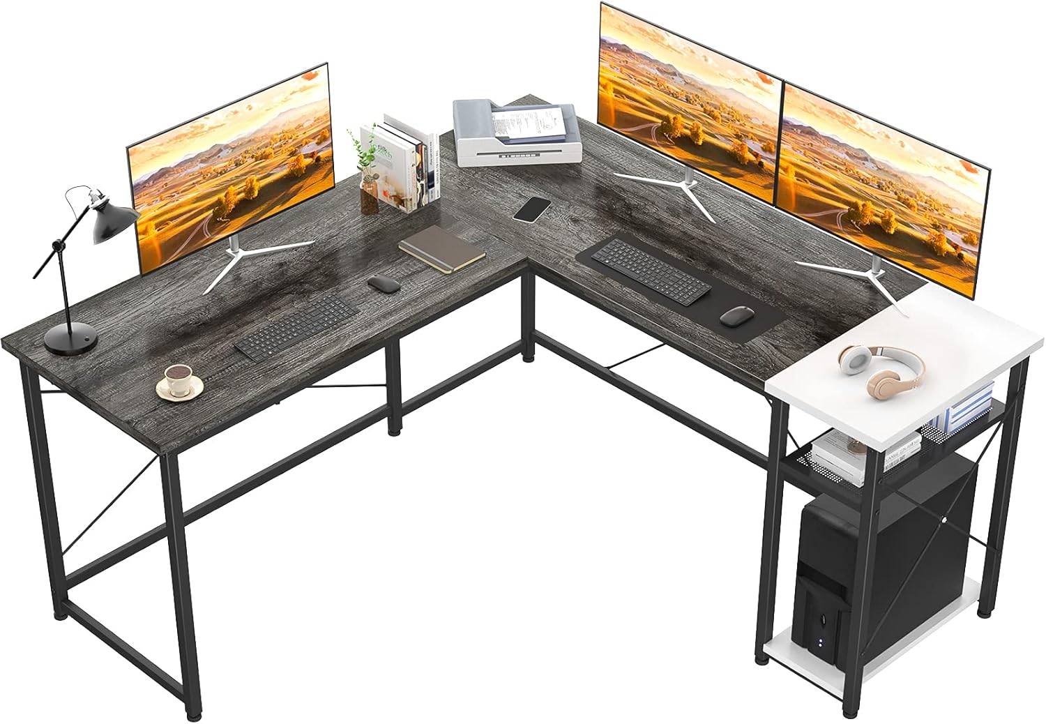 Karcog L Shaped Desk Corner Computer Desk, Industrial L-Shaped Office Desk with Storage Shelves, Large Gaming Desk Sturdy Writing Desk for Small Space, Black Grey Oak and White