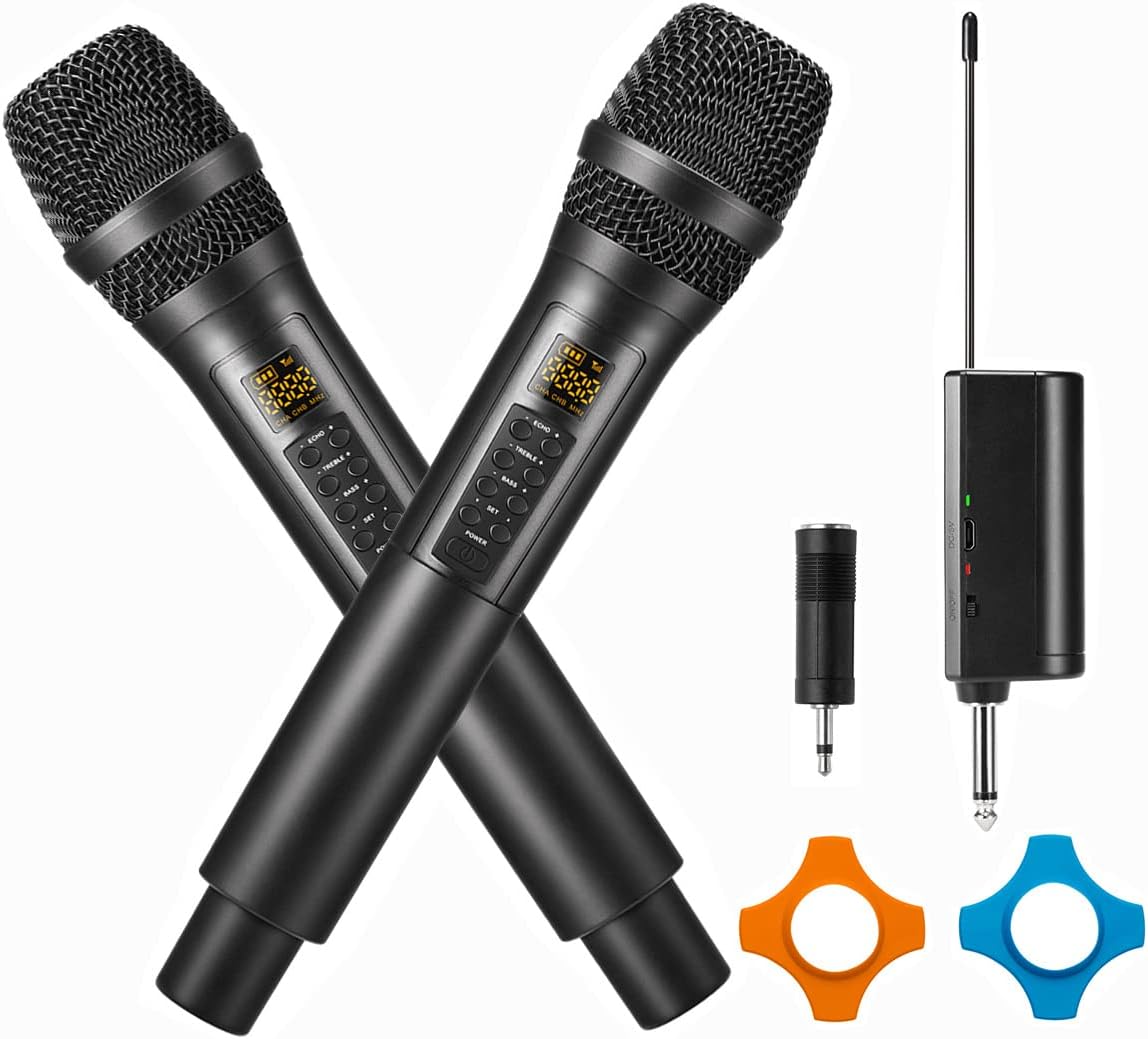 Frunsi Wireless Microphone, Dual Professional UHF Cordless Dynamic Mic Handheld Microphone System with Echo/Treble/Bass, Receiver 30 Adjustable Channels, 328ft Long Range for Amplifier, DJ, Party etc. Pack of 2