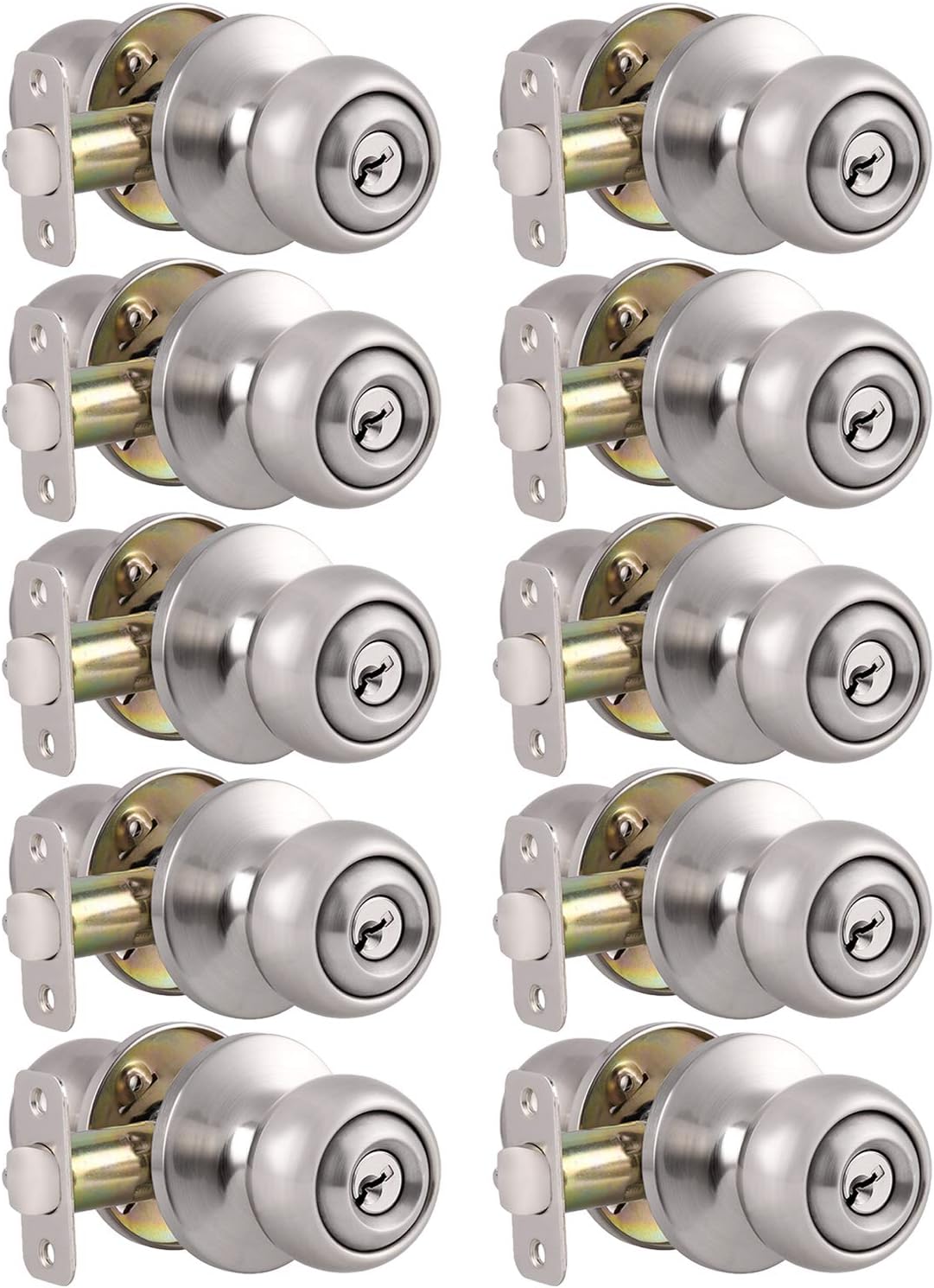 Probrico Keyed Alike Entry Door Knobs in Satin Nickel, Standard Ball Handles Combo Locks (Interior and Exterior) Door Hardware for Bedroom Front/Back Gate,Study,Rental House, Entrance Lock,3 Pack Pack of 2