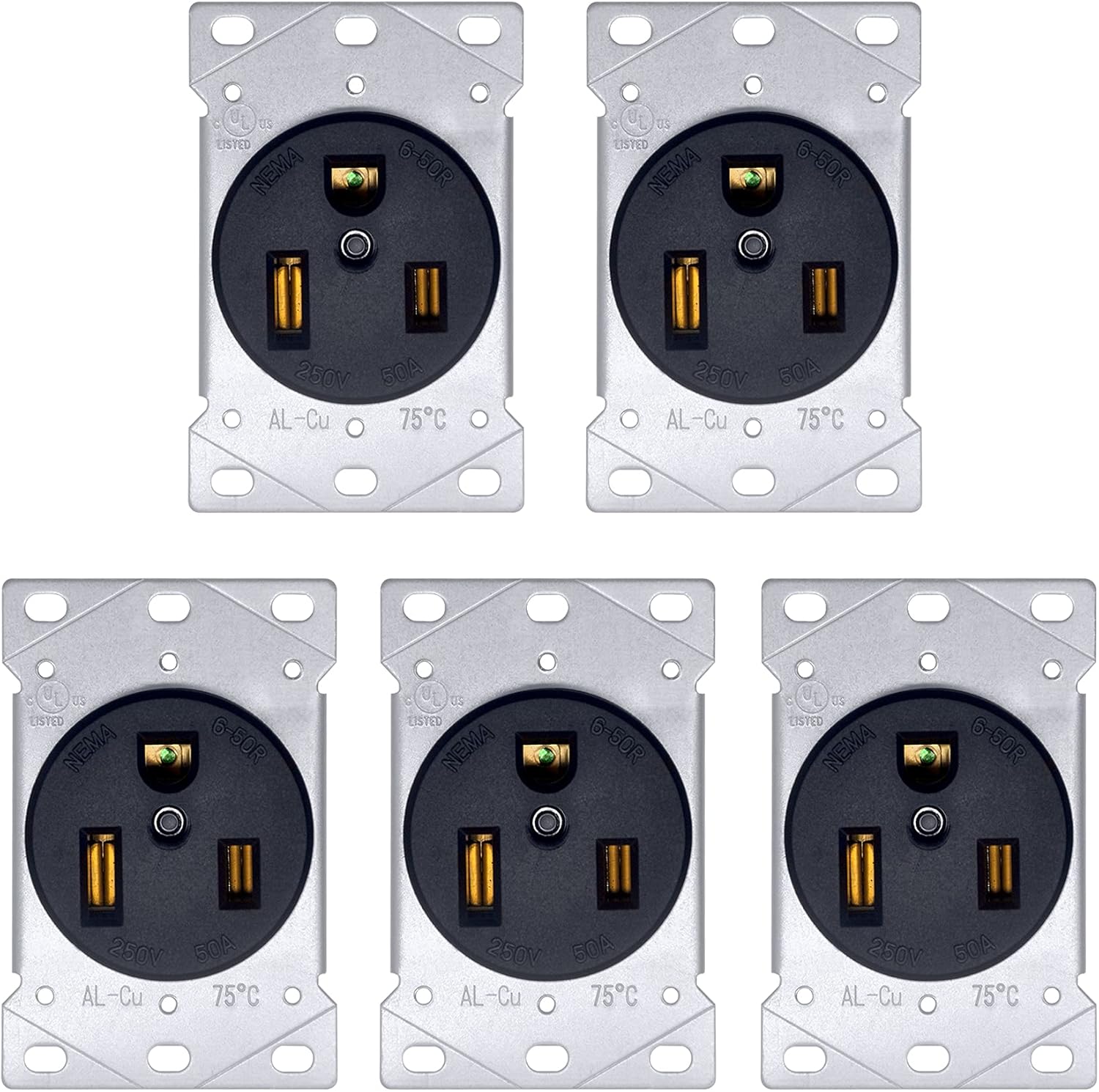 [5 Pack] BESTTEN 50 Amp Flush Mounted Receptacle Outlet, NEMA 6-50R, 2-Pole, 3-Wire, 250V, Grounded, UL Listed, Black