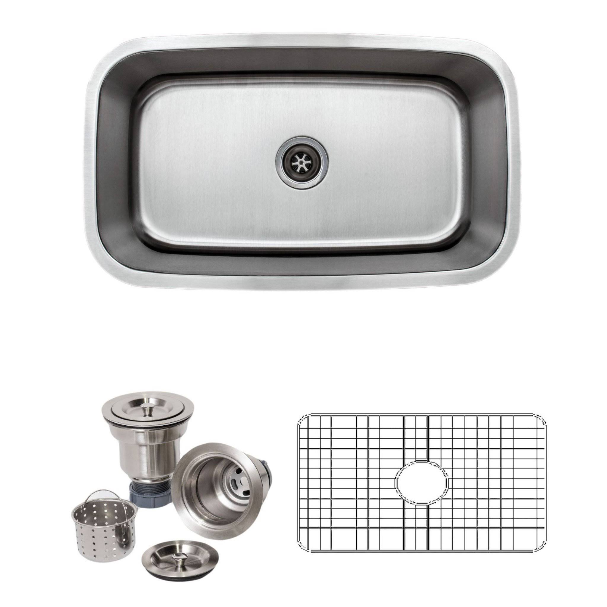Wells Sinkware 32x22 16-Gauge Undermount Single Bowl Stainless Steel Kitchen Sink with Grid Rack and Basket STRAINER CMU3118-10-