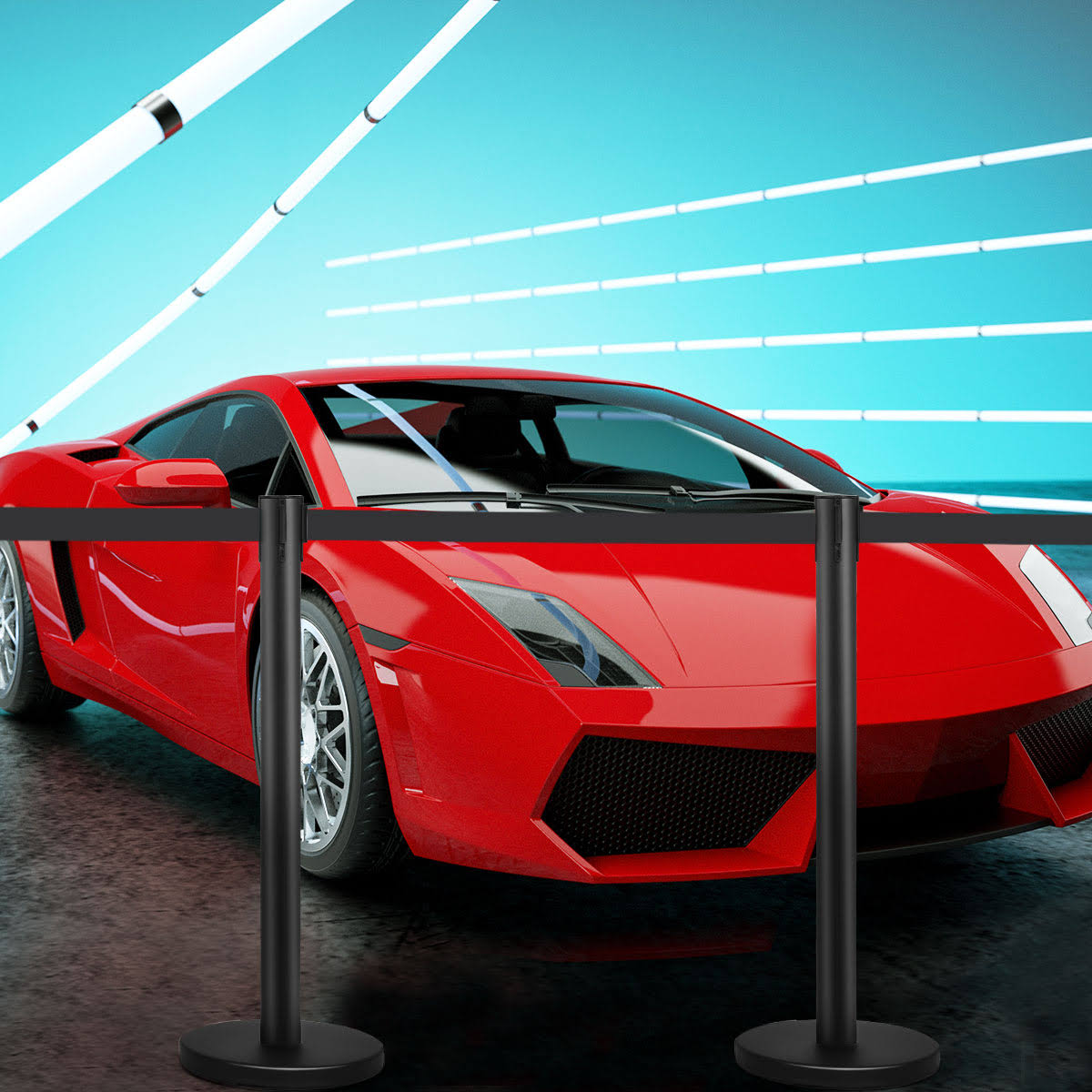 Costway 6pcs Black Stanchion Posts Queue Pole Retractable Belt Crowd Control Barrier