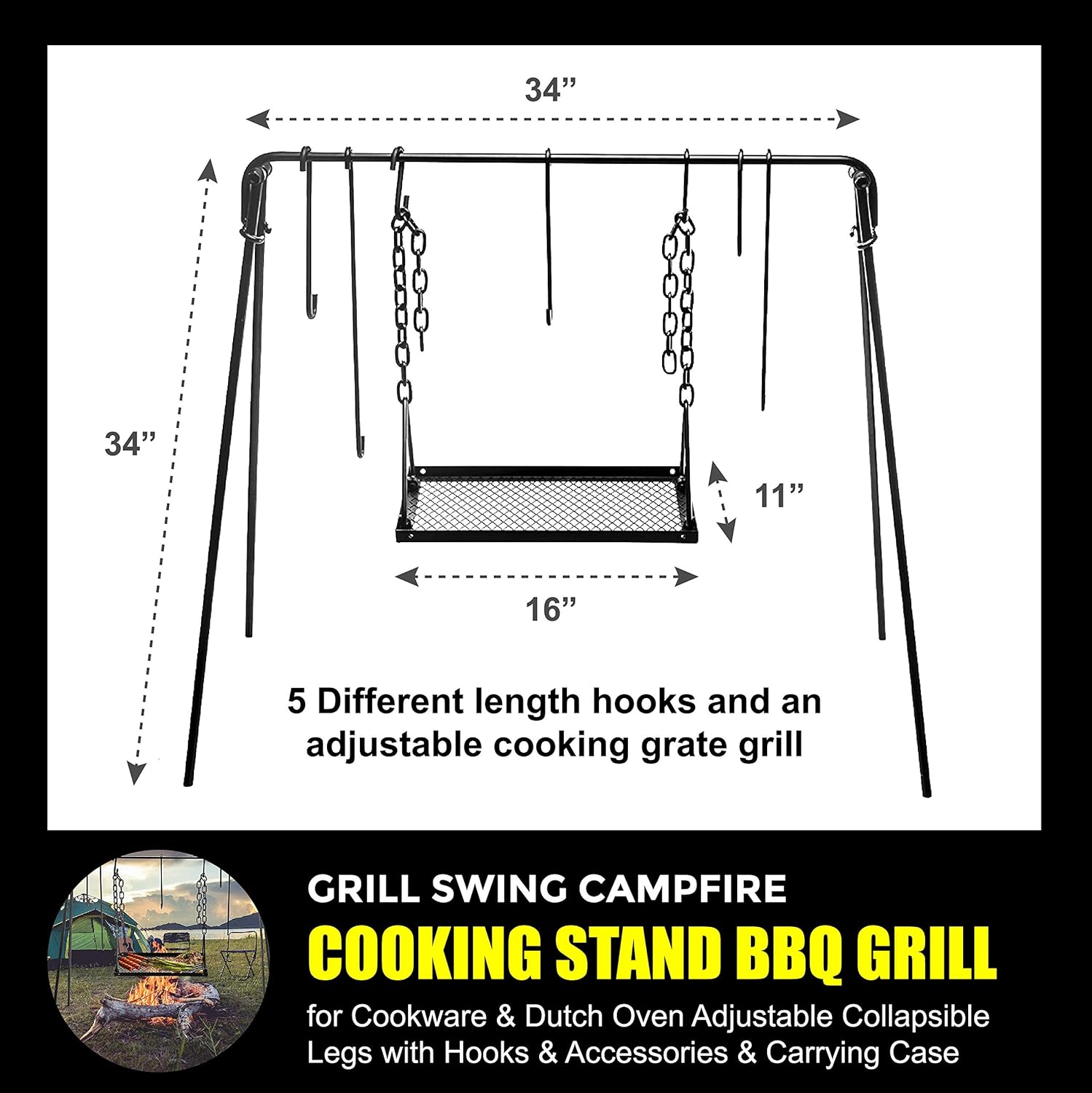 Bruntmor Grill Swing Campfire Cooking Stand BBQ Grill for Cookware & Dutch Oven Adjustable Collapsible Legs with Hooks & Accessories & Carrying Case