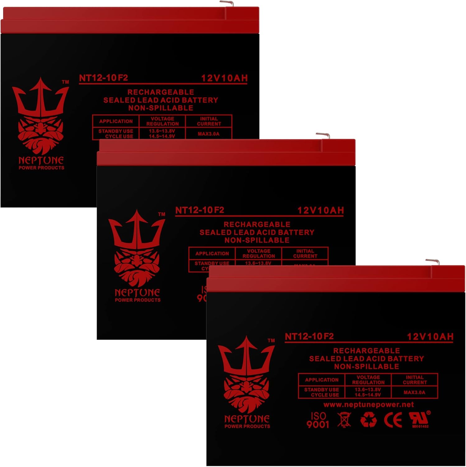 12V 10Ah Universal Sealed Lead Acid Deep-Cycle Battery [12volt 10amp] by Neptune - 3 Pack