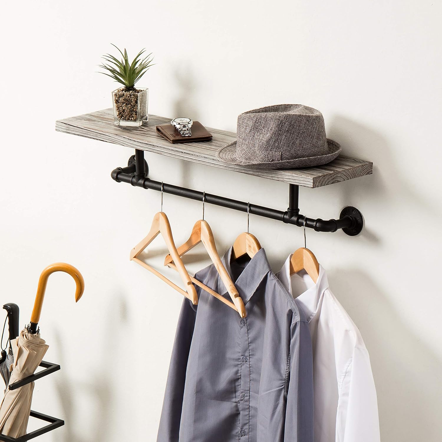 MyGift Industrial Metal Pipe & Torched Wood Wall Mounted Garment Rack with Shelf Pack of 2