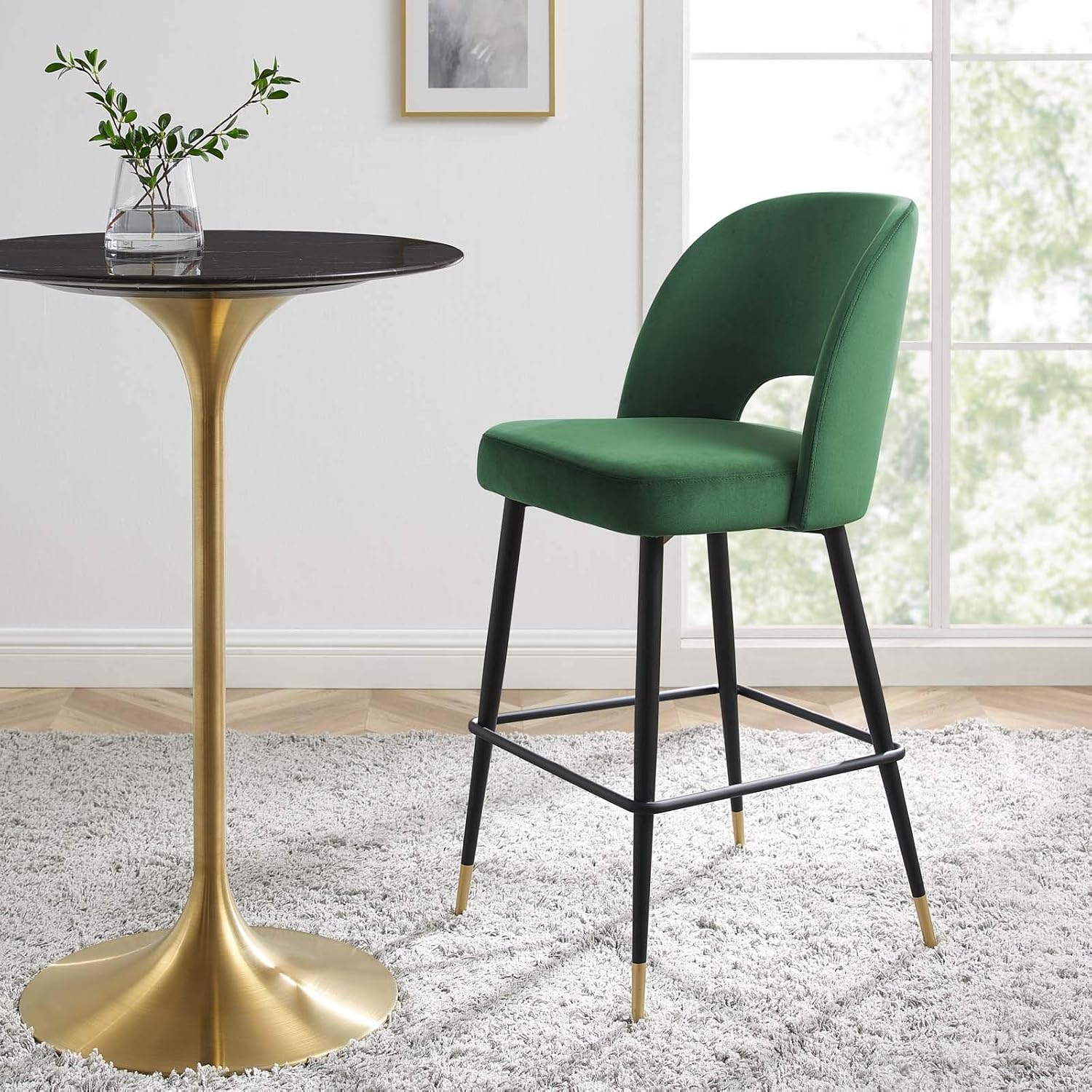 Modway Rouse Performance Velvet Bar Stool in Emerald with Black Legs