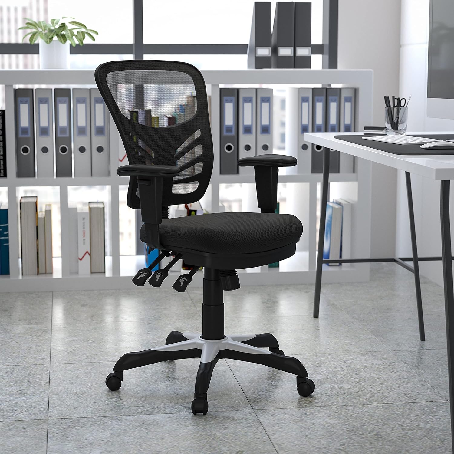Flash Furniture Mid-Back Black Mesh Multifunction Executive Swivel Ergonomic Office Chair with Adjustable Arms and White Frame