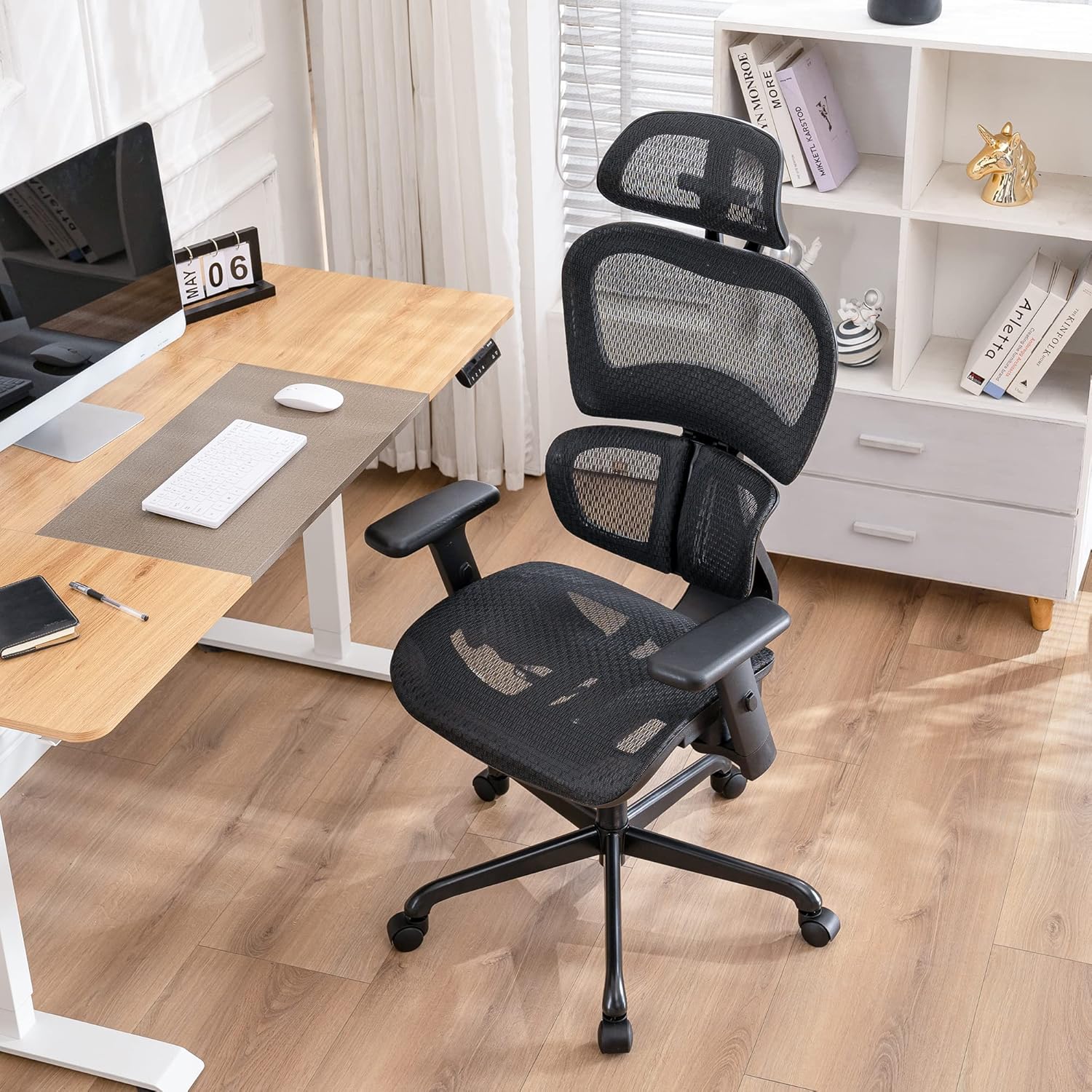 SUNNOW Ergonomic Office Chair - Desk Mesh Chair with 3D Lumbar Support, Adjustable Headrest & Sliding Armrest, High Back Computer Chairs, Swivel Executive Chairs for Home Office Work