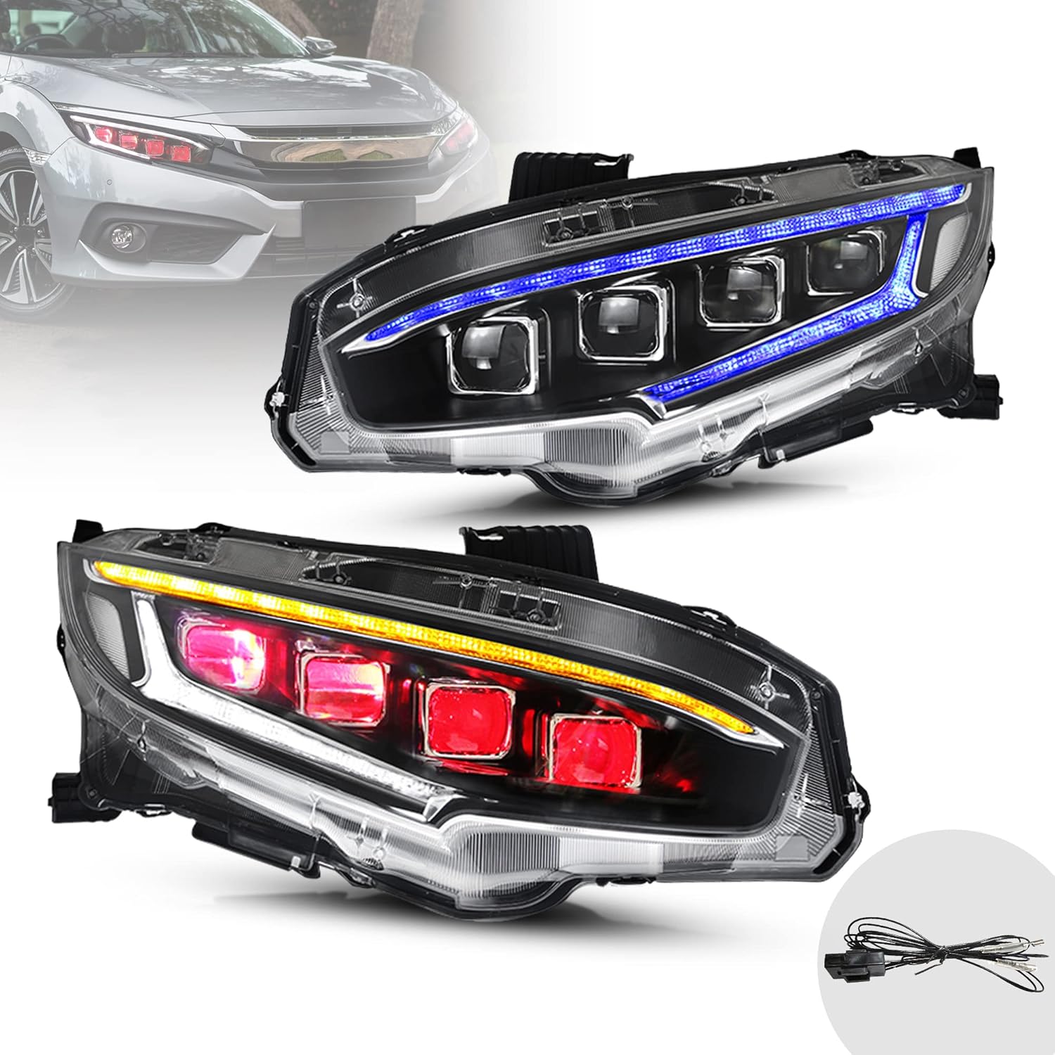 VLAND LED Red Demon Eyes Headlight Assembly Compatible for [ 10TH Gen Honda Civic Sedan / Coupe / Hatchback / Type R 2016 2017 2018 2019 2020 ] with Sequential Turn Signal, LED Start-Up Blue DRL