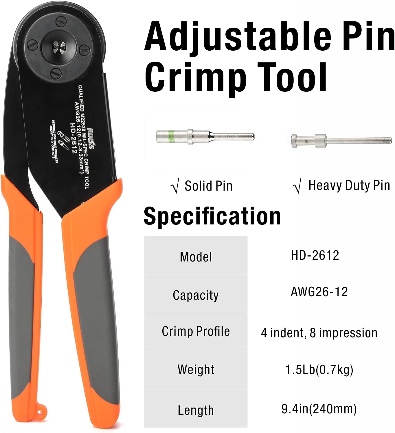 IWISS Deutsch Crimper for Solid Contacts(Size 12, 16, 20) Deutsch DT, DTM, DTP Connectors, Amphenol AT Pins