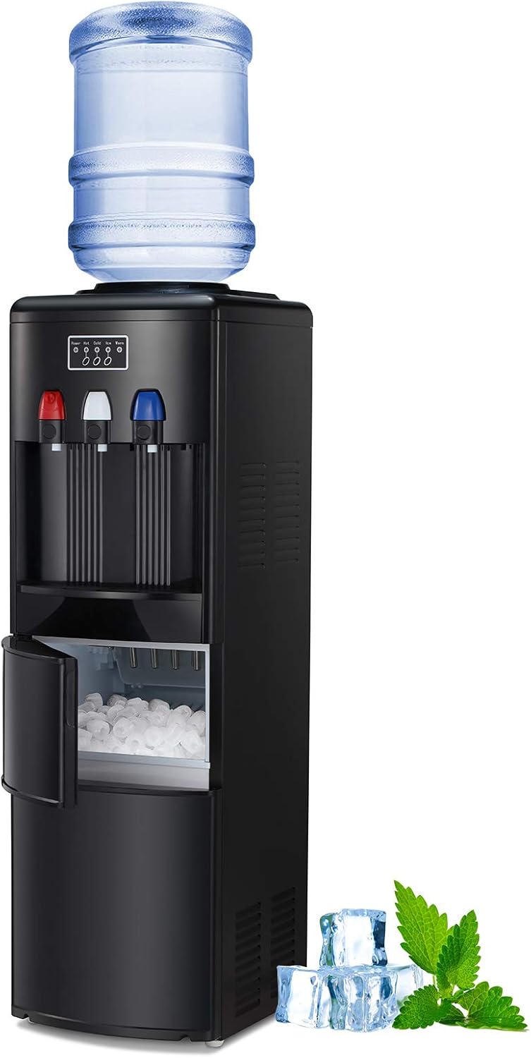 Kismile 2-in-1 Water Cooler Dispenser with Built-in Ice Maker, Top Loading Water Coolers with 3 Temperature Settings - Hot, Cold & Room Water, Compact Water Dispenser with Child Safety Lock
