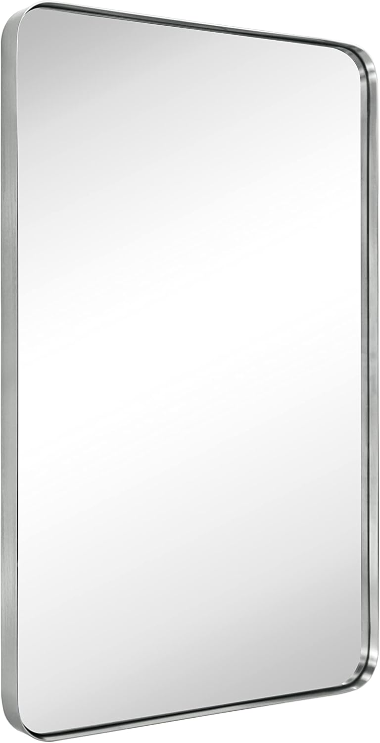 GRACTO 24x36'' Chrome Metal Framed Bathroom Mirror for Wall in Stainless Steel Rounded Rectangular Bathroom Vanity Mirrors Wall Mounted