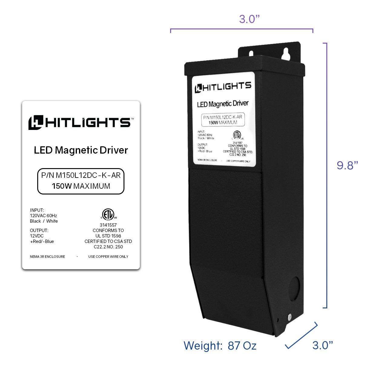 HitLights 150 Watt Dimmable LED Driver, 12V Magnetic LED Driver Transformer &ndash; 110V AC &ndash; 12V DC LED Transformer. Compatible with Lutron and Leviton for LED Strip Lights, Constant Voltage LED Products