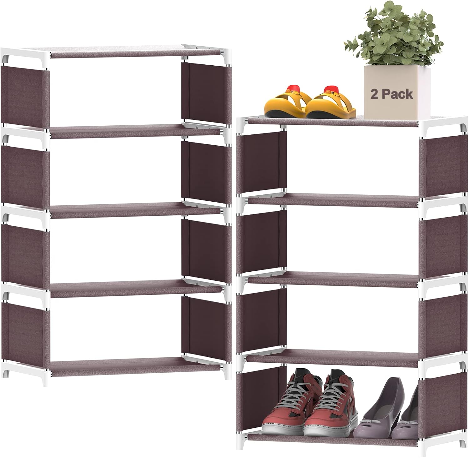 5 Tier Shoe Rack 2 Pack - Tall Vertical Shoe Rack Storage 20 Pairs, Adjustable & Stackable Shoe Rack, Space Saving Shoe Shelf (Brown)