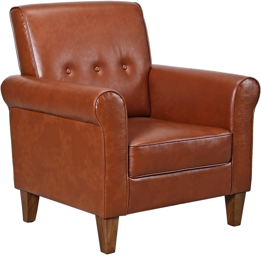 FlexPedic Lounge Chair Living Room Reading Chair, Faux Leather Tufted Chairs Accent Armchair with Sturdy Backrest and Legs, Easy-Assembled Loveseat Mid Century Modern Comfy Sofa for Small Place