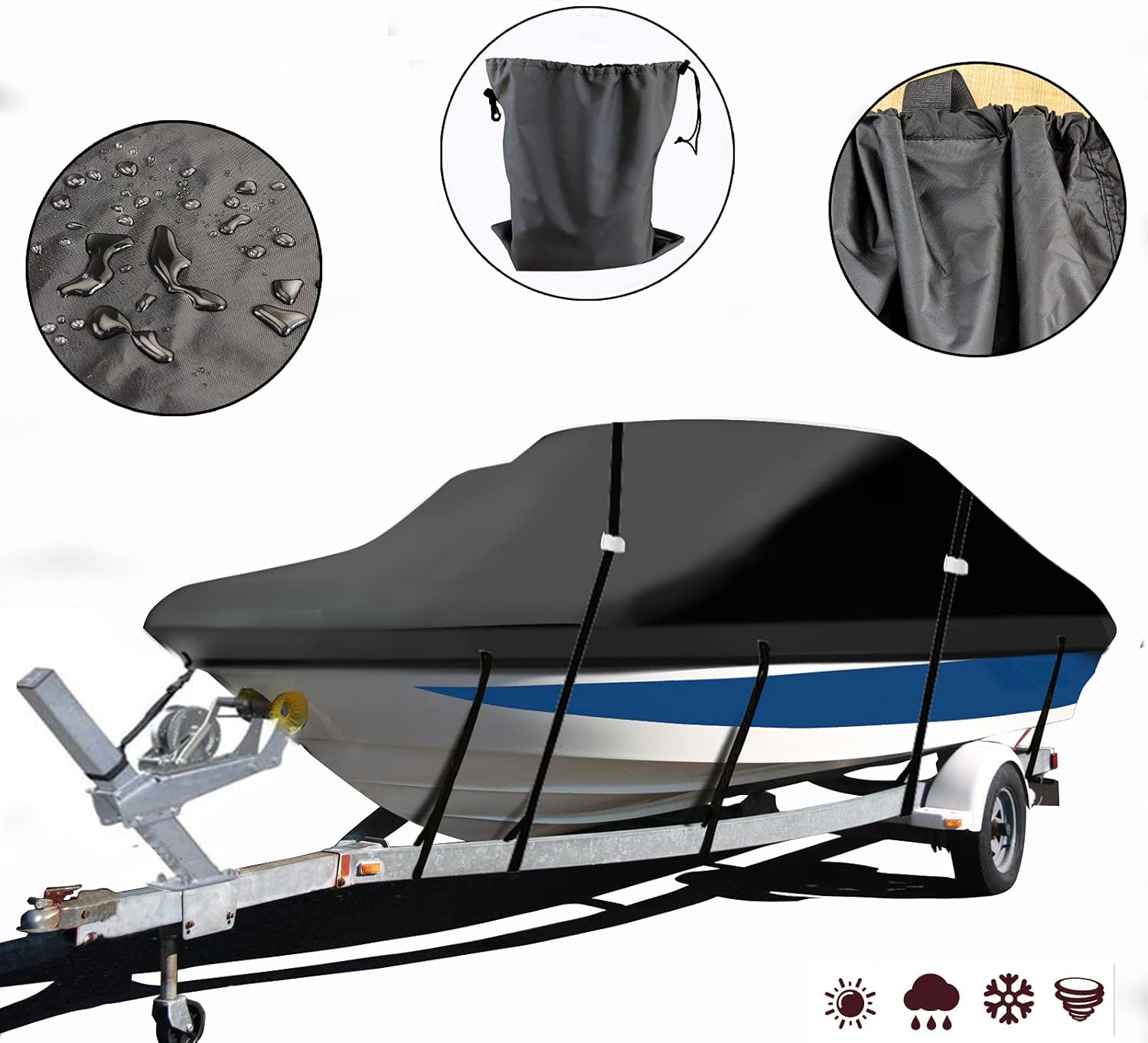 UCEDER Premium Oxford Cloth 420D Trailerable Boat Cover ,Heavy Duty Water-Resistant and UV Resistance Canvas Boat Cover (Black, 14'-16' Long,Beam Width up to 84