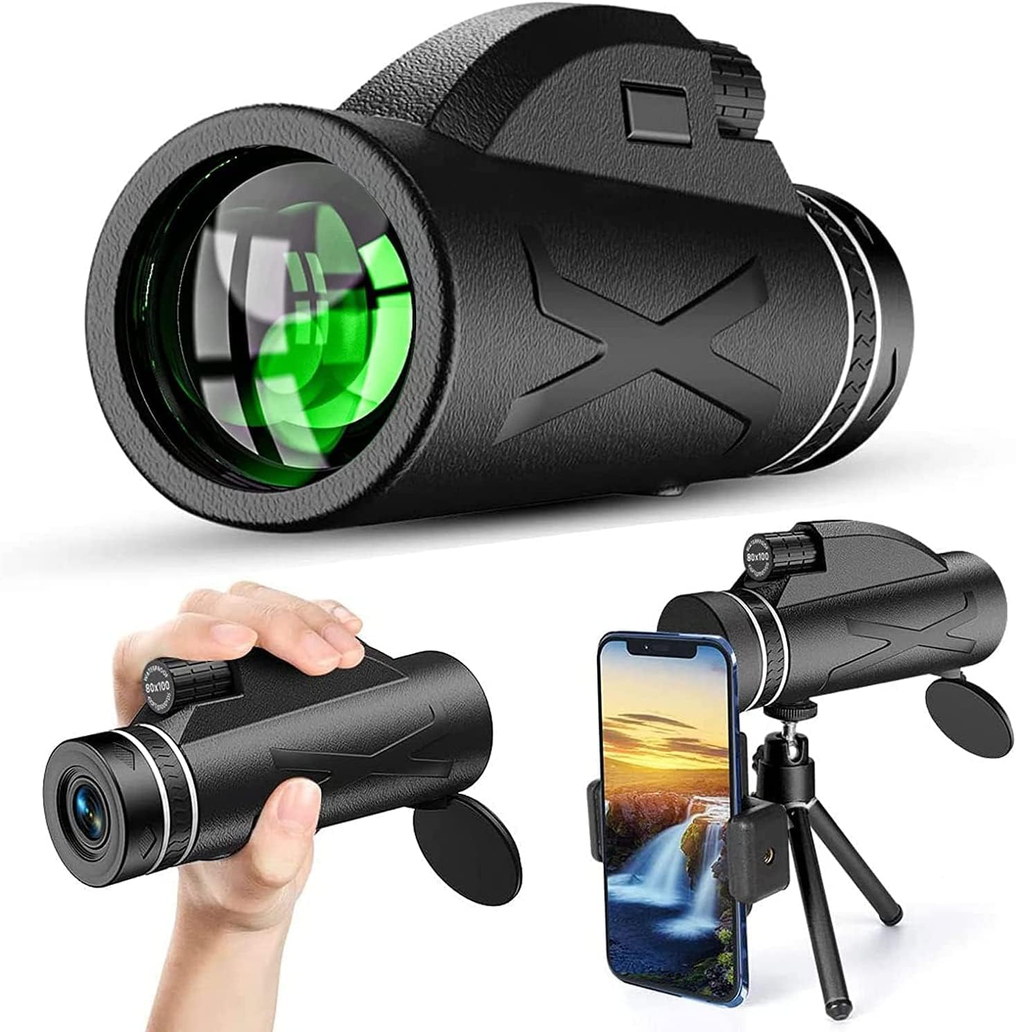 Monocular Telescope - 80x100 Compact High Power Monocular for Adults Kids HD Bifocal with Smartphone Holder and Tripod, Waterproof Fogproof Portable Prism for Wildlife Bird Watching Hunting Camping